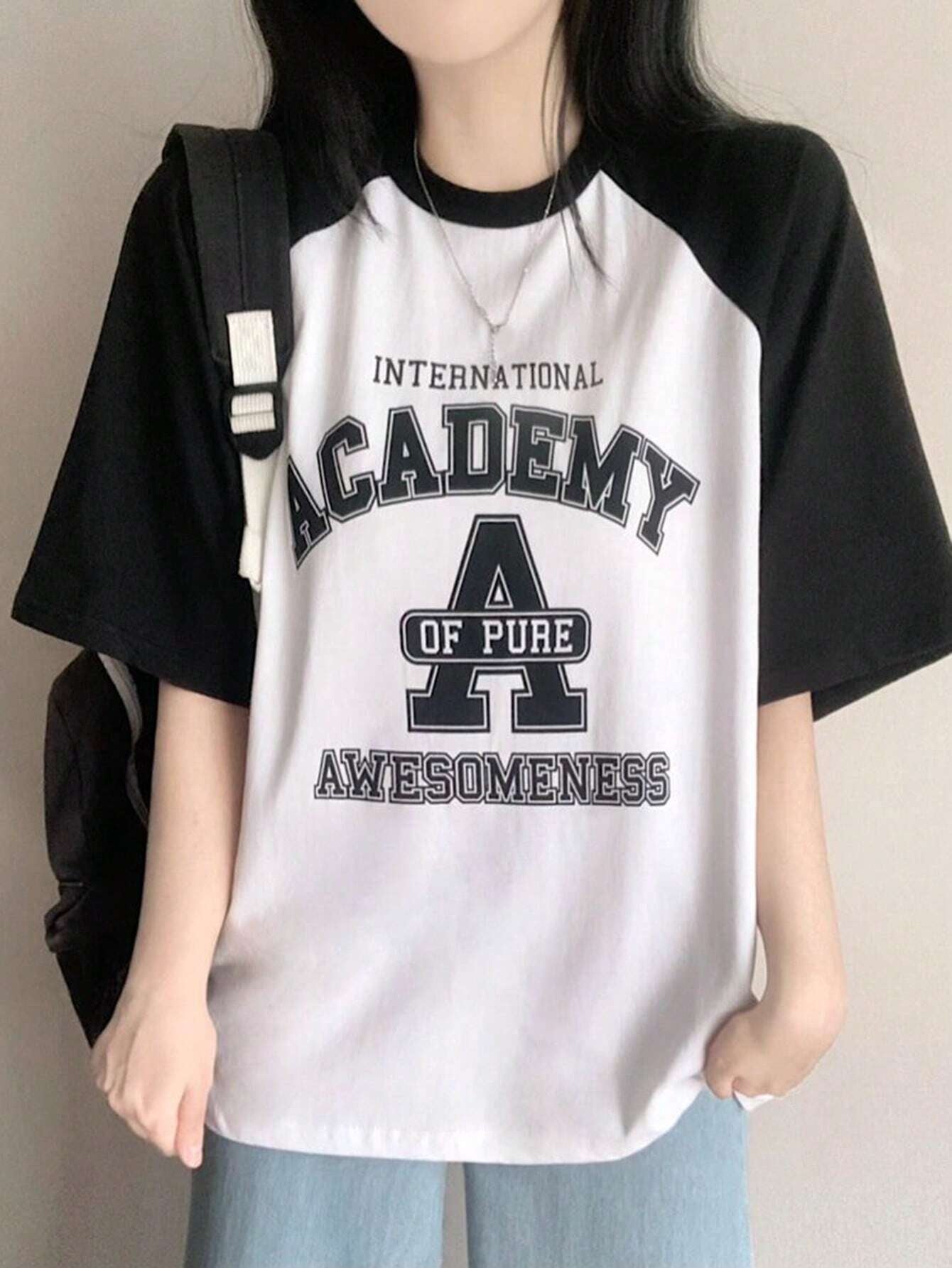 Letter Printed Round Neck Color Block Oversized Short Sleeve T-Shirt