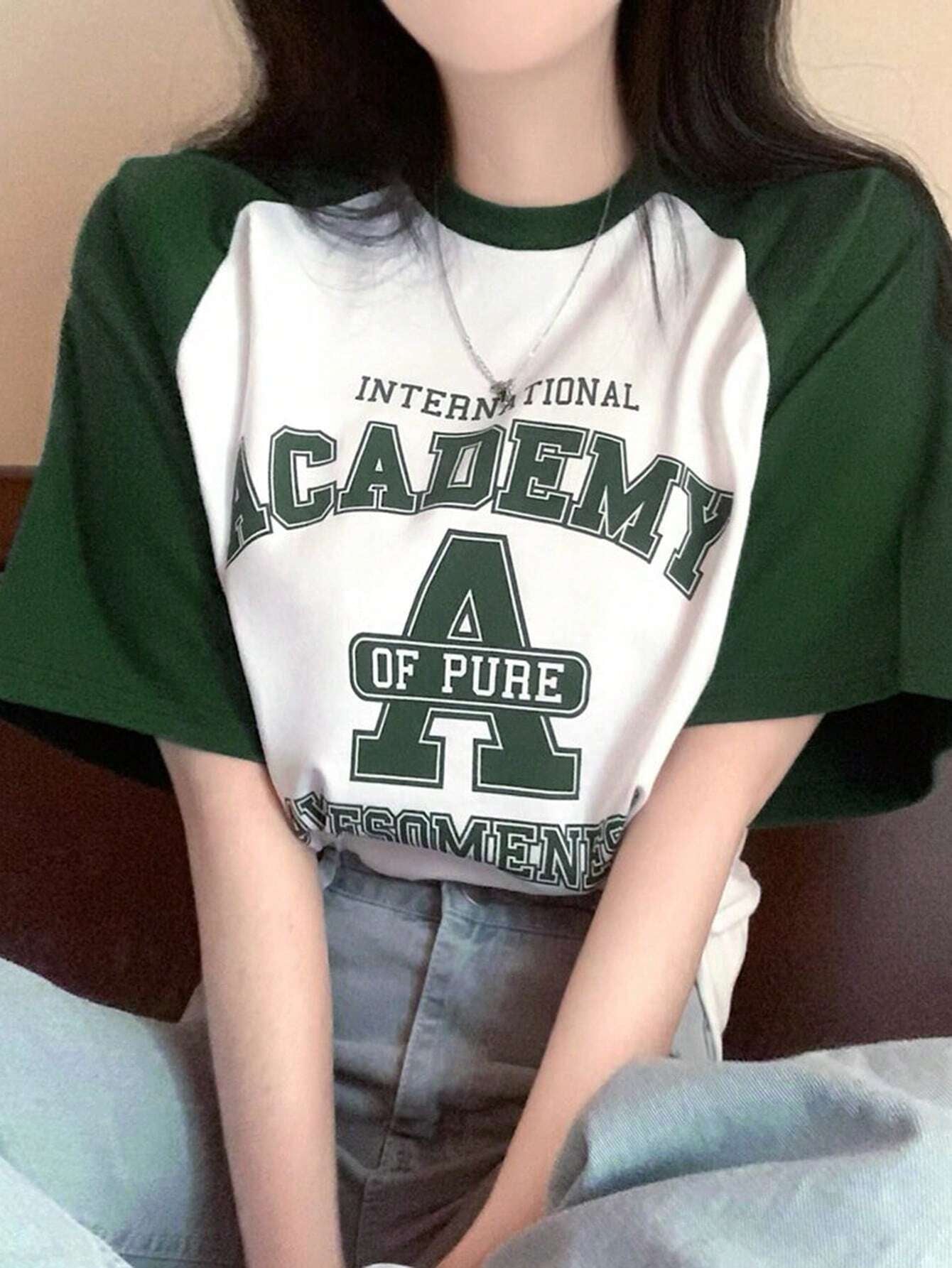 Letter Printed Round Neck Color Block Oversized Short Sleeve T-Shirt