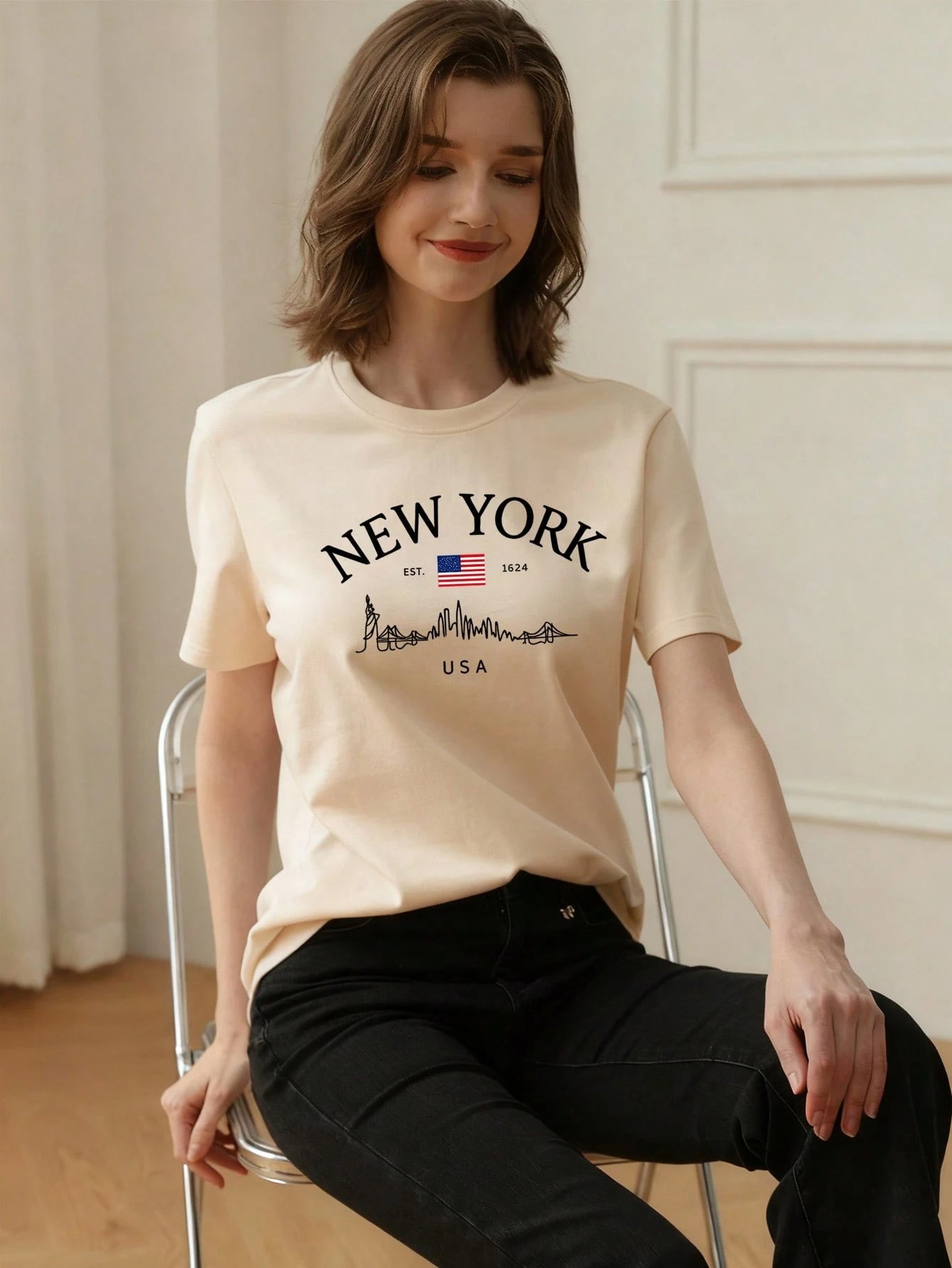 Simple Fashion Slogan Print Casual Vacation Style Loose Fit Round Neck Short Sleeve T-Shirt, Fashionable Everyday Top
