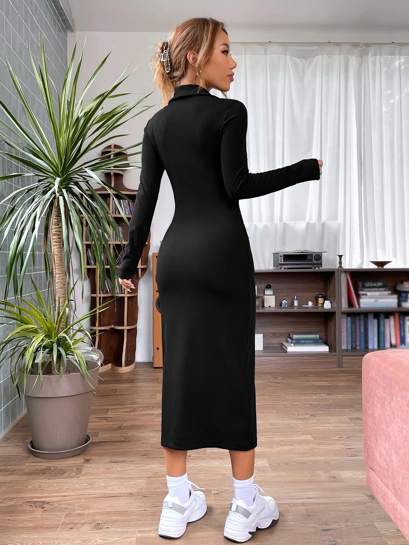 Solid Ribbed Knit Quarter Zip Bodycon Dress