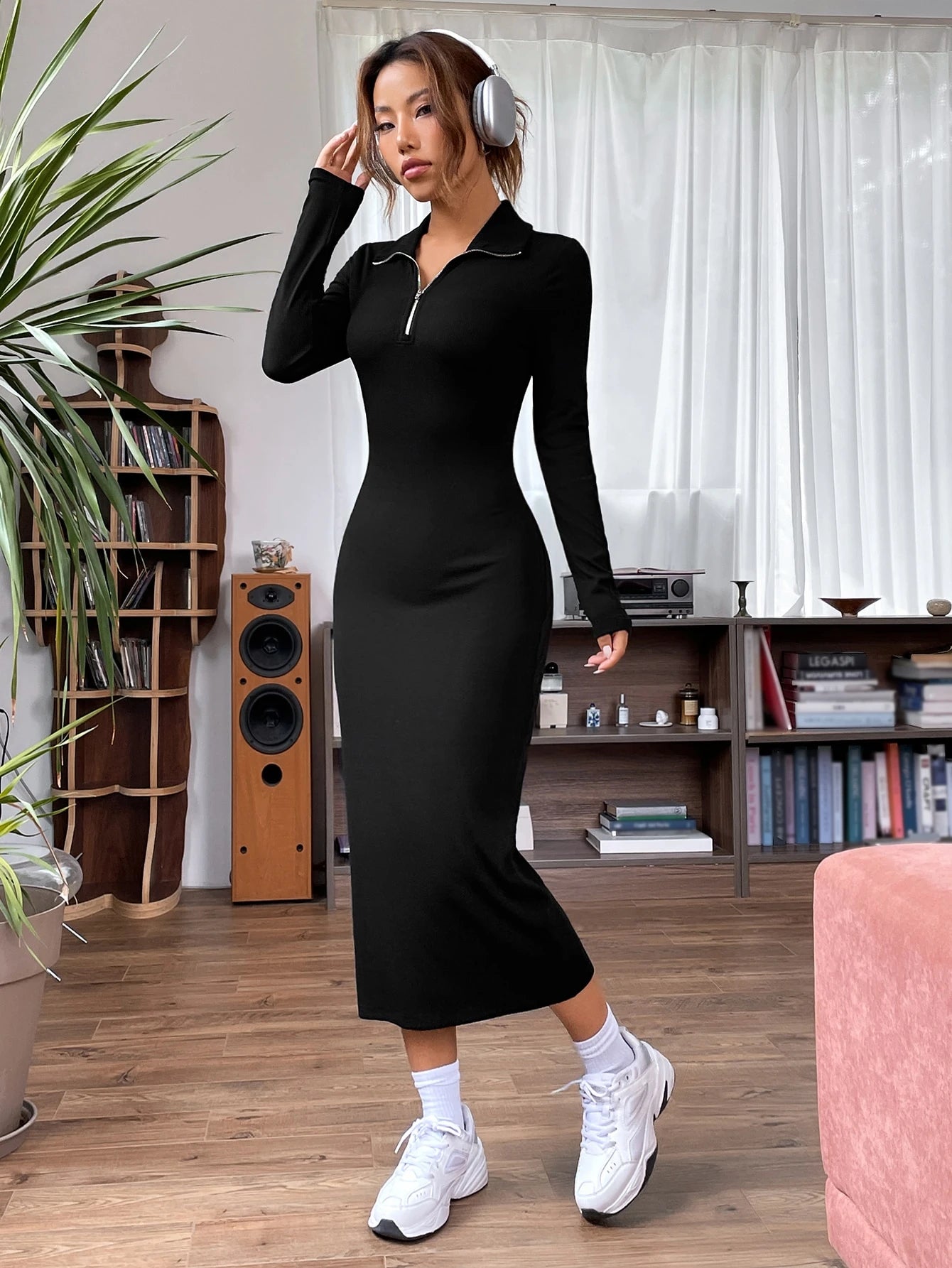 Solid Ribbed Knit Quarter Zip Bodycon Dress