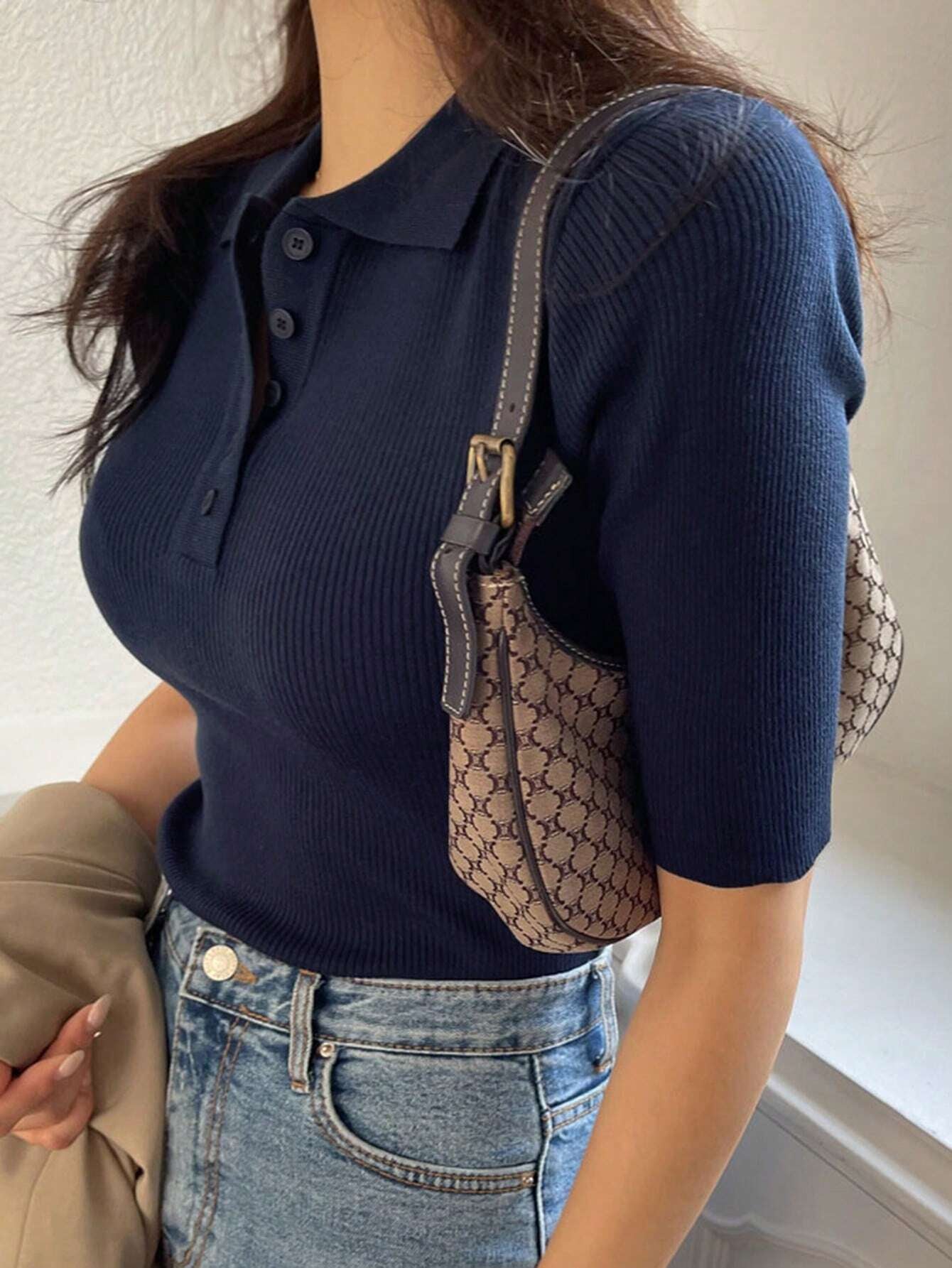 Polo Neck Half-Open Knitted Top With Short Sleeves Summer