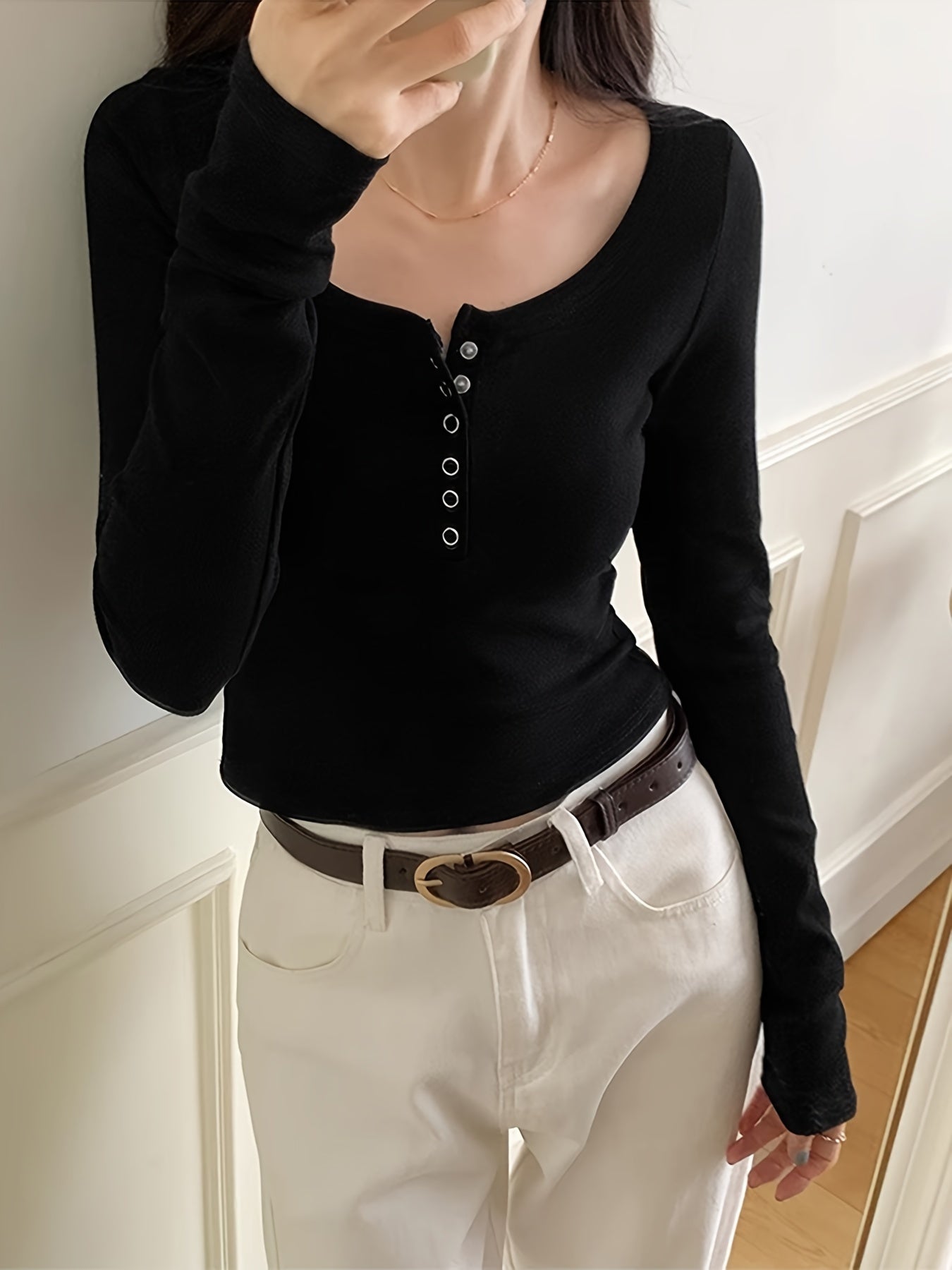 Black Long Sleeve Button-Up Round Neck T-Shirt