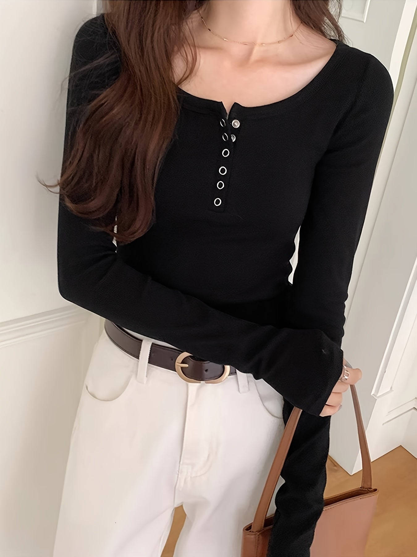 Black Long Sleeve Button-Up Round Neck T-Shirt