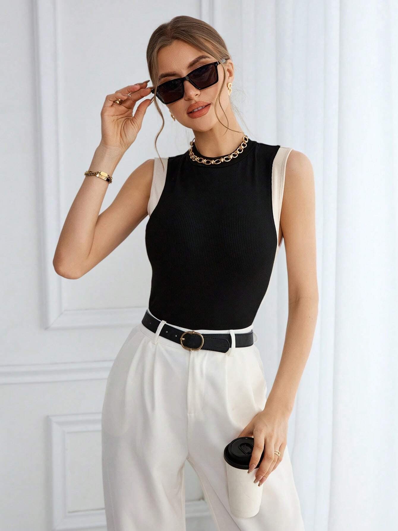 Color Block Knit Casual Round Neck Tank Top