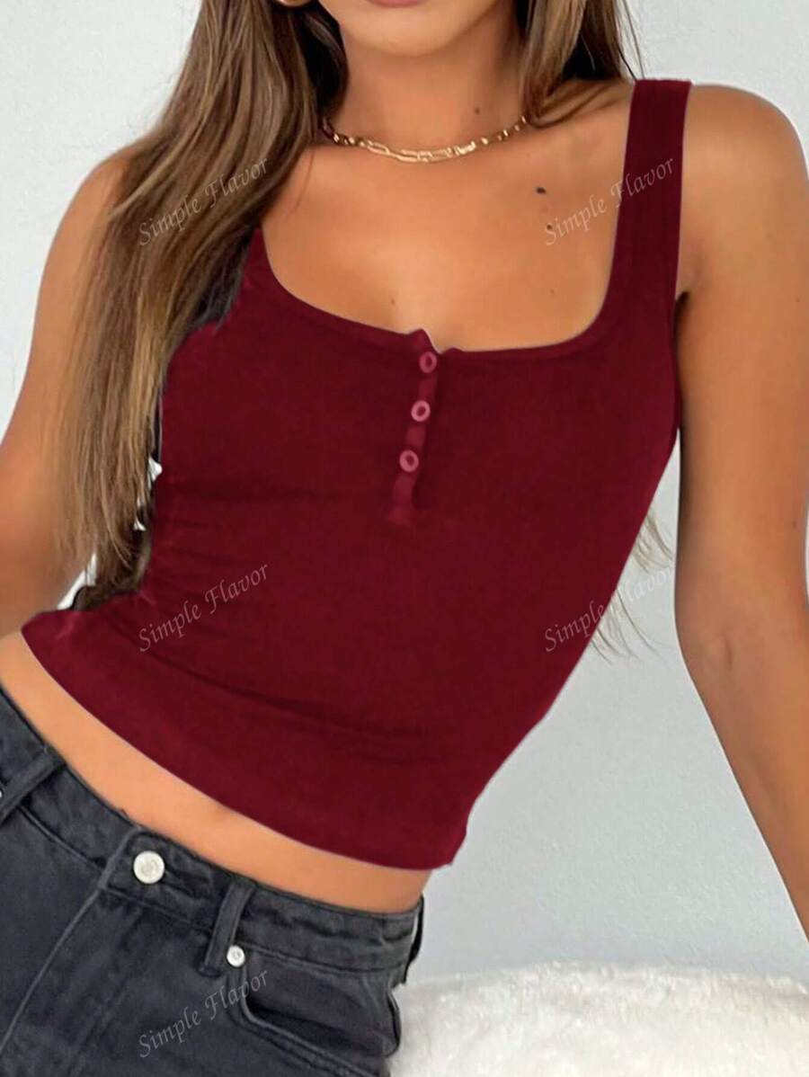 Solid Color Button Half Placket Tank Top