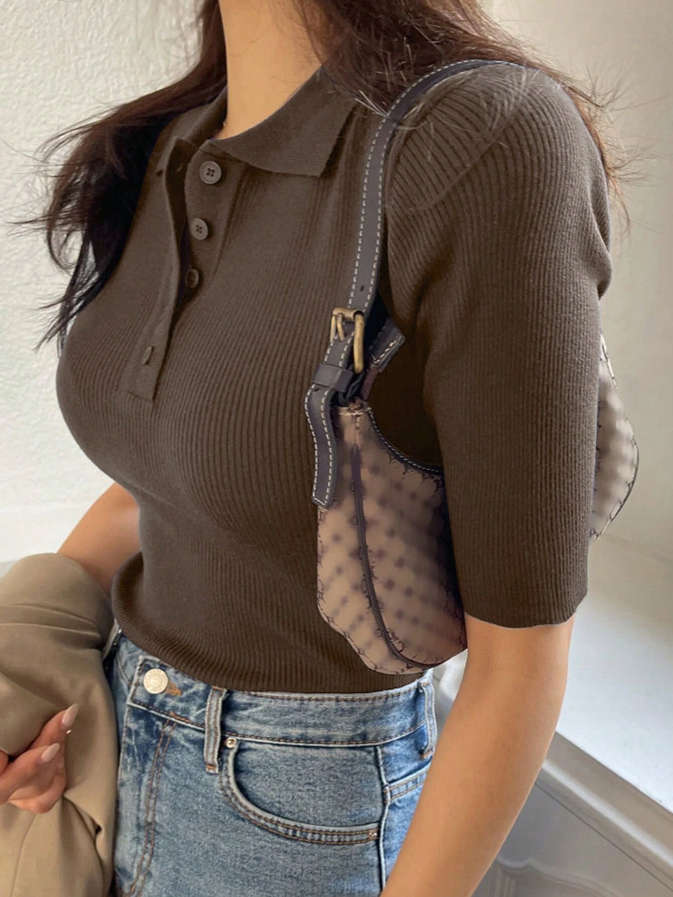 Polo Neck Half-Open Knitted Top With Short Sleeves Summer