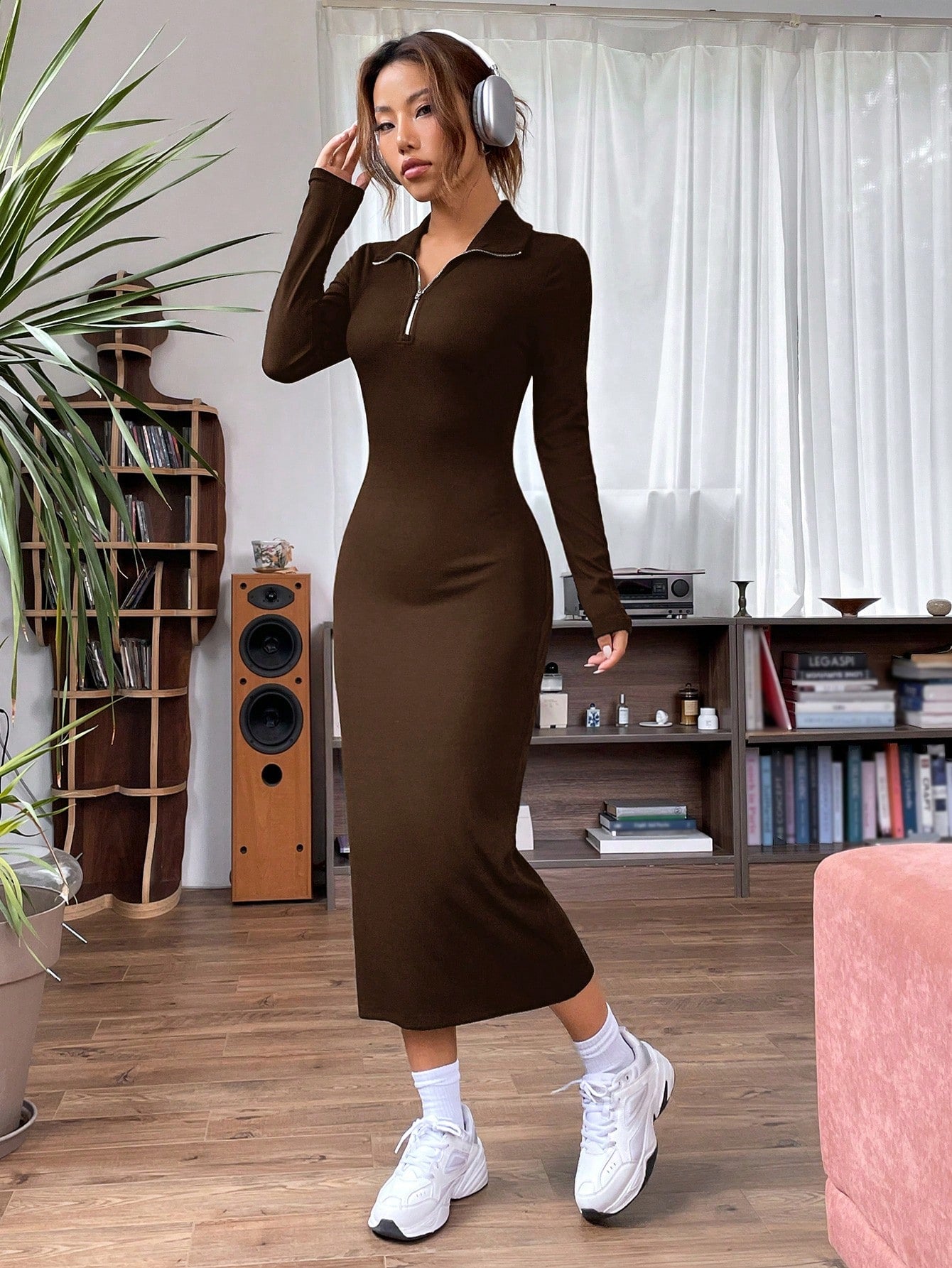 Solid Ribbed Knit Quarter Zip Bodycon Dress