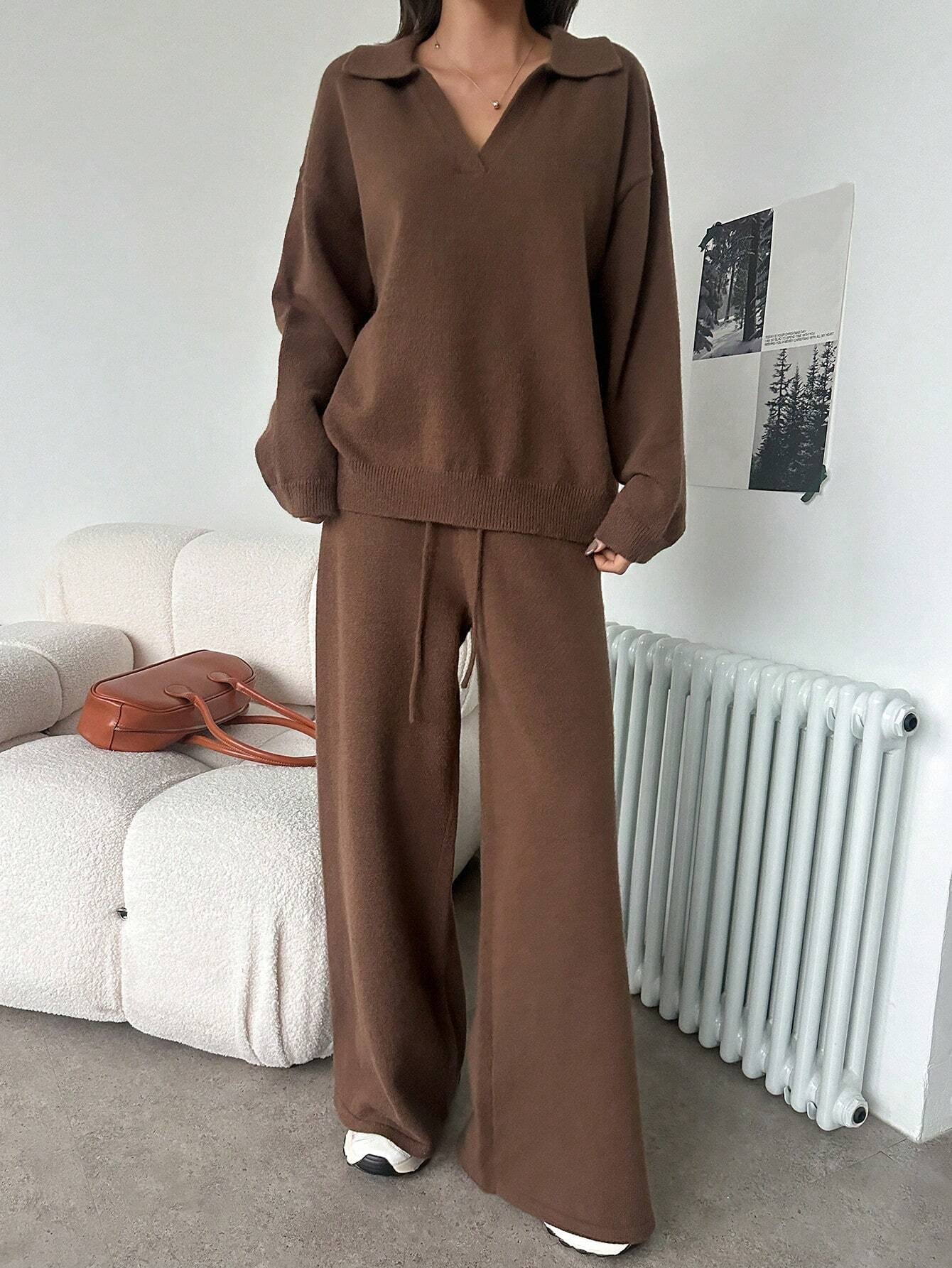 Casual Solid Color Turndown Collar Loose Sweater And Wide Leg Pants 2 Pieces Set
