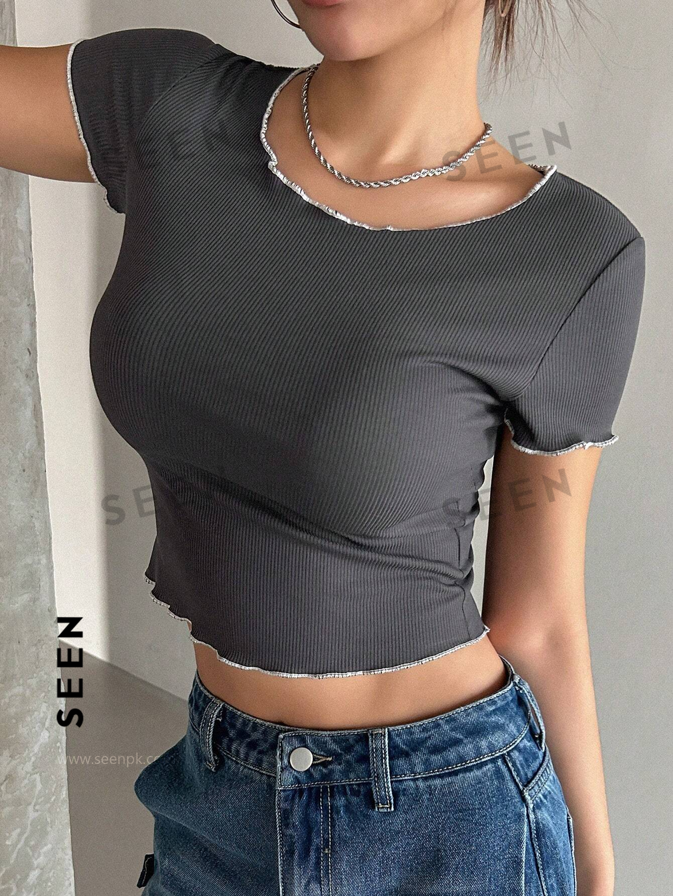 Women's Color Block Decor Crew Neck Cropped Slim Fit Short Sleeve T-Shirt