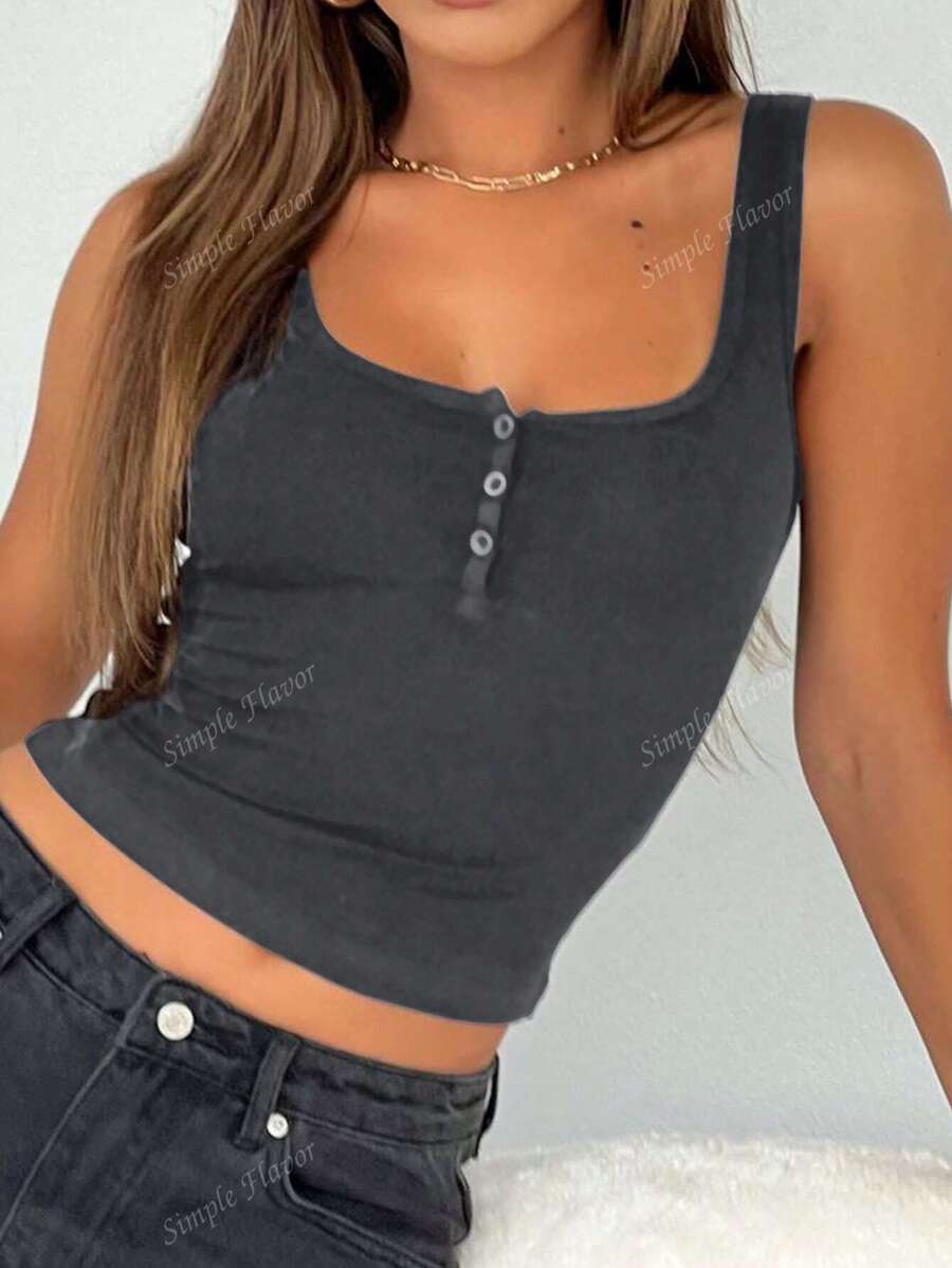 Solid Color Button Half Placket Tank Top