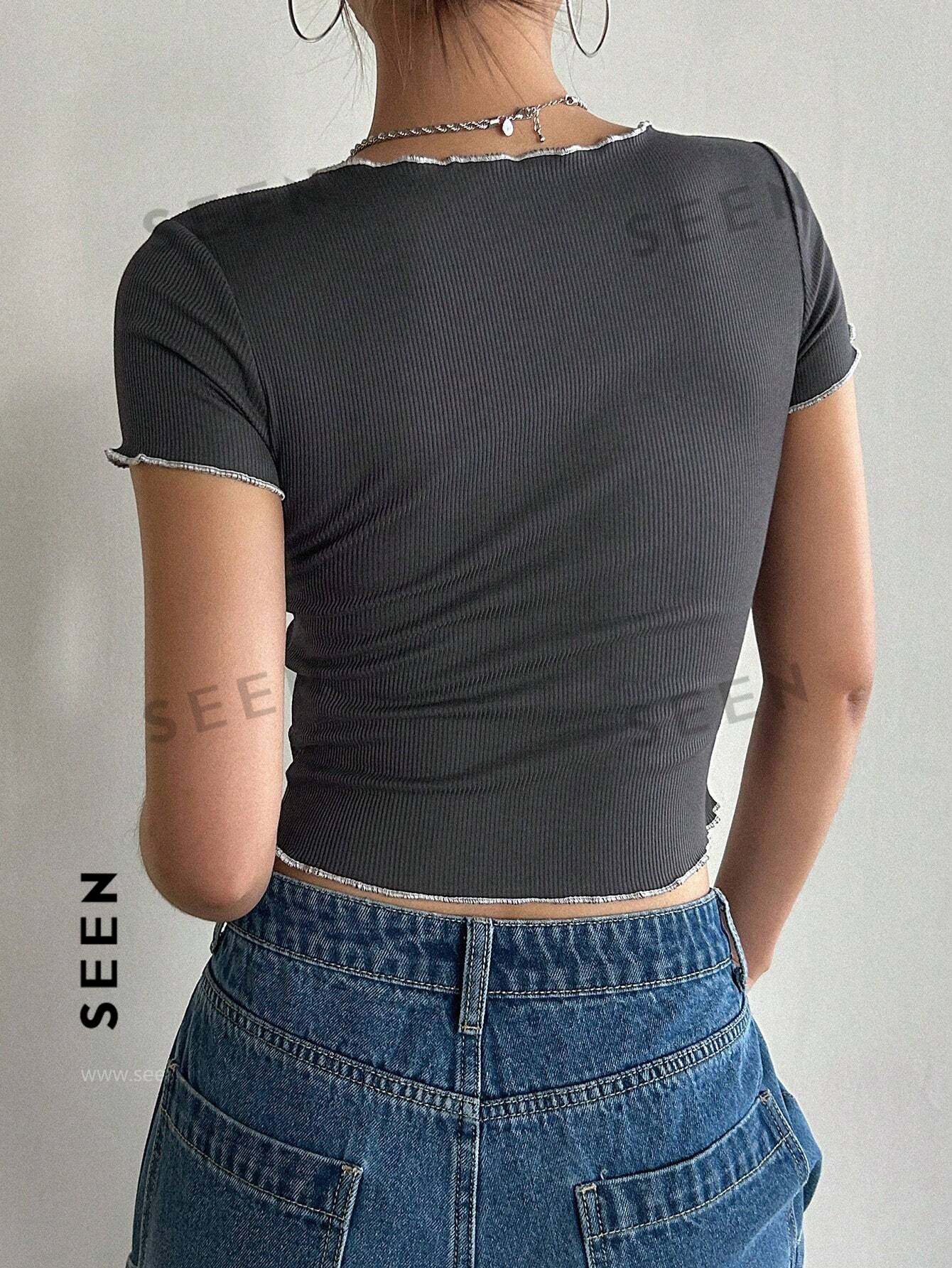 Women's Color Block Decor Crew Neck Cropped Slim Fit Short Sleeve T-Shirt