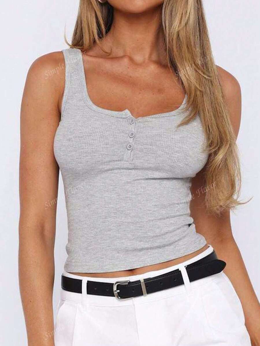 Solid Color Button Half Placket Tank Top