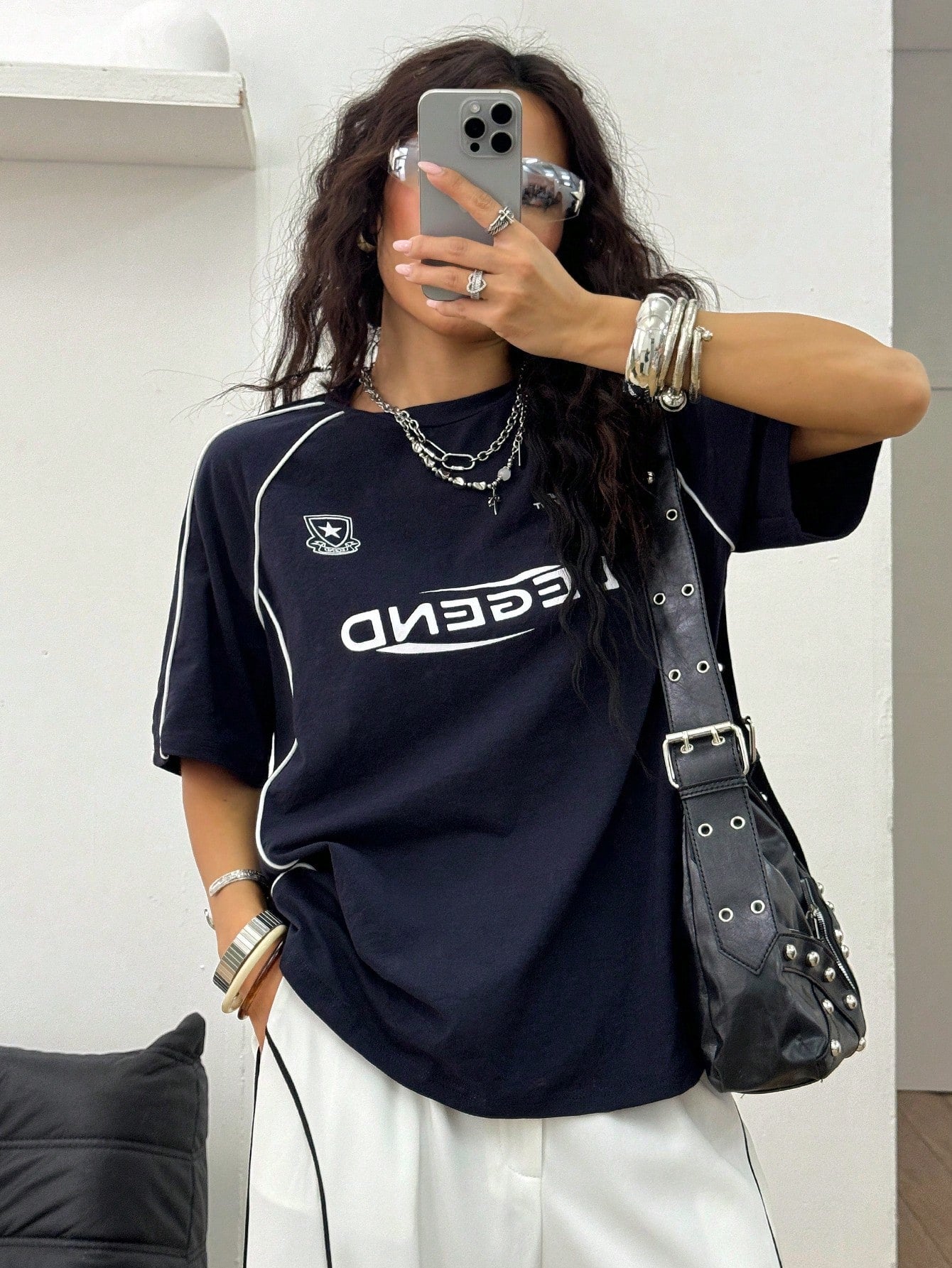 Streetwear Going Out Y2K Cool Event Letter Printed Graphics Color-Blocked Short Sleeve Blue Jersey T-Shirt