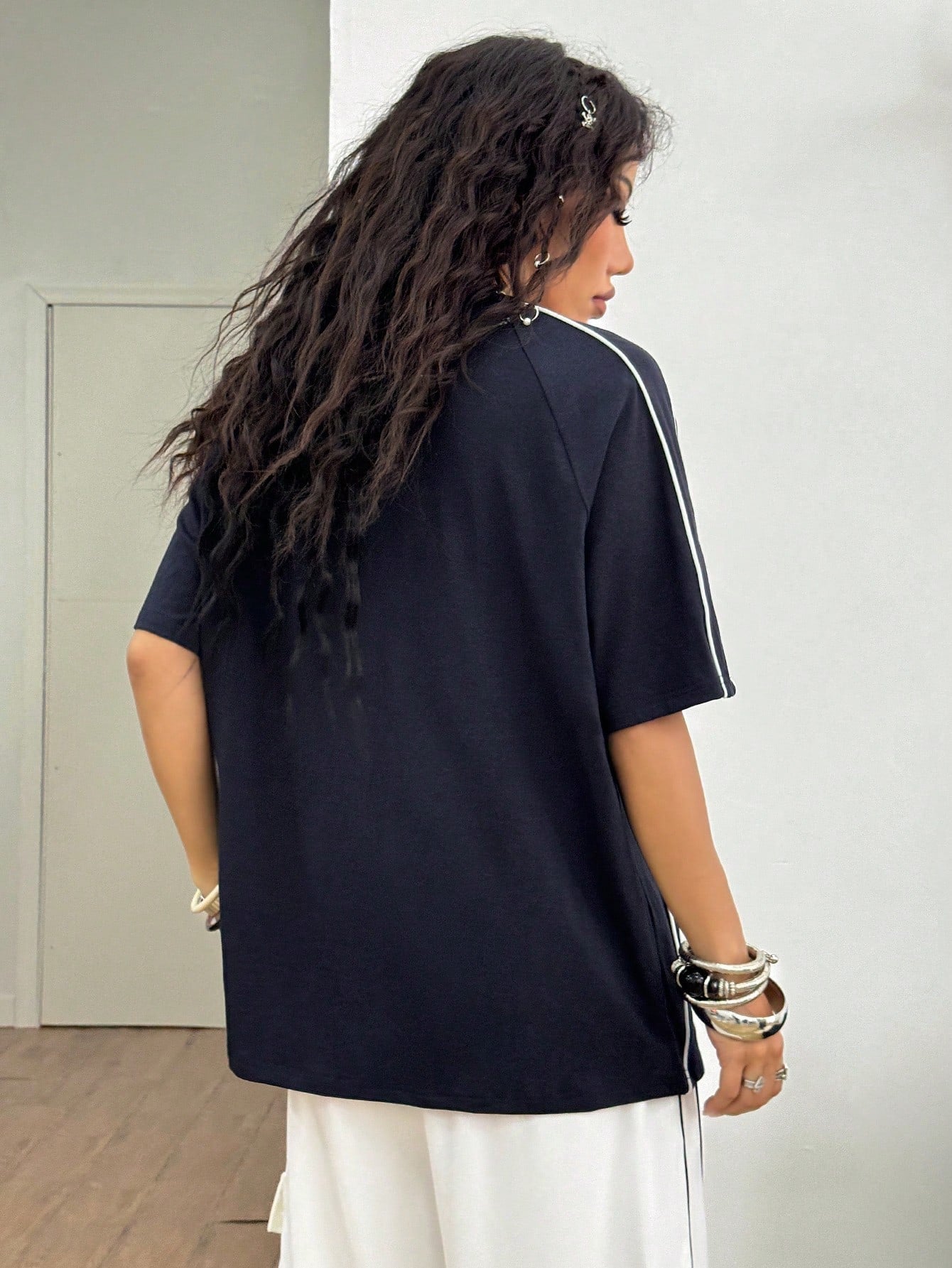 Streetwear Going Out Y2K Cool Event Letter Printed Graphics Color-Blocked Short Sleeve Blue Jersey T-Shirt