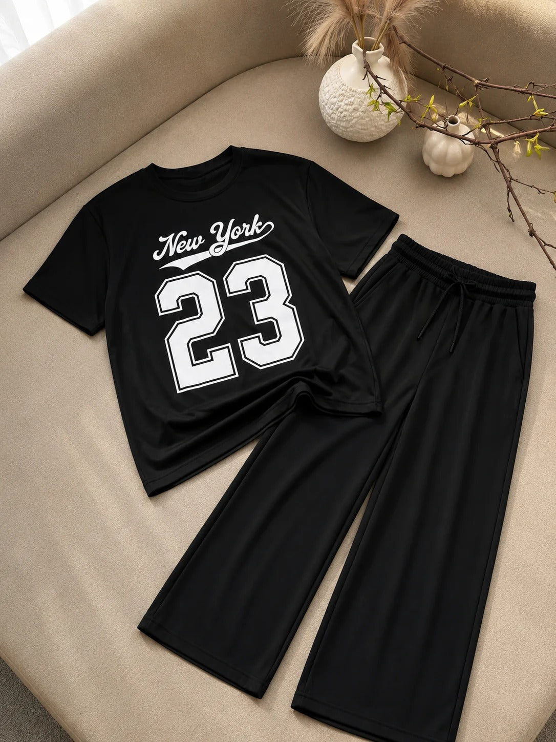 SEEN Black Drop Shoulder Top & Black Flapper Trouser Set | 2-Piece Outfit