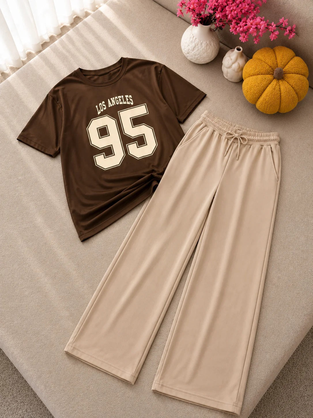 SEEN brown drop shoulder top with beige flapper trousers 2-piece women’s streetwear outfit