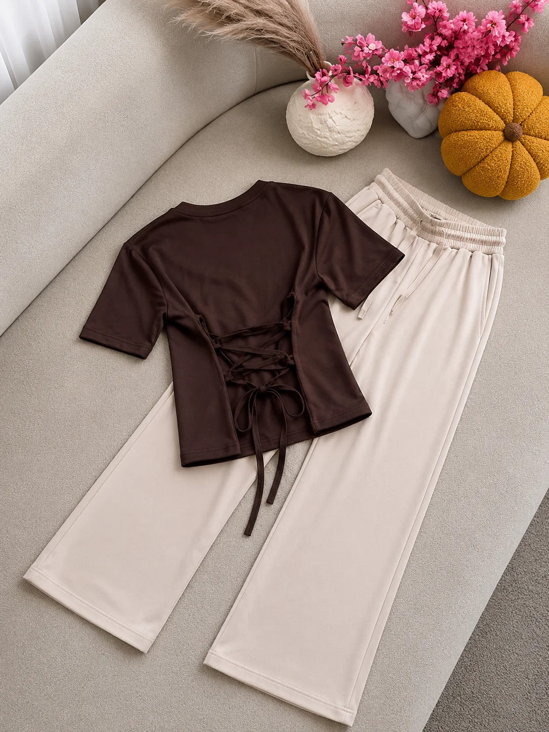 SEEN Brown Corset T-Shirt & Beige Flapper Trouser Set | 2-Piece Outfit