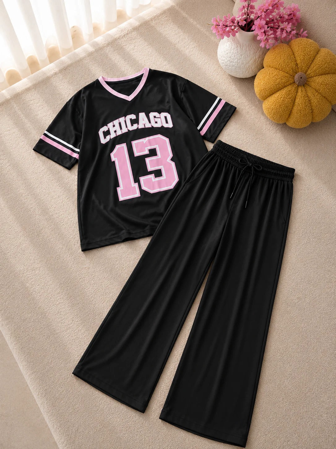 SEEN Black V-Drop Shoulder Top & Black Flapper Trouser Set | 2-Piece Streetwear Outfit