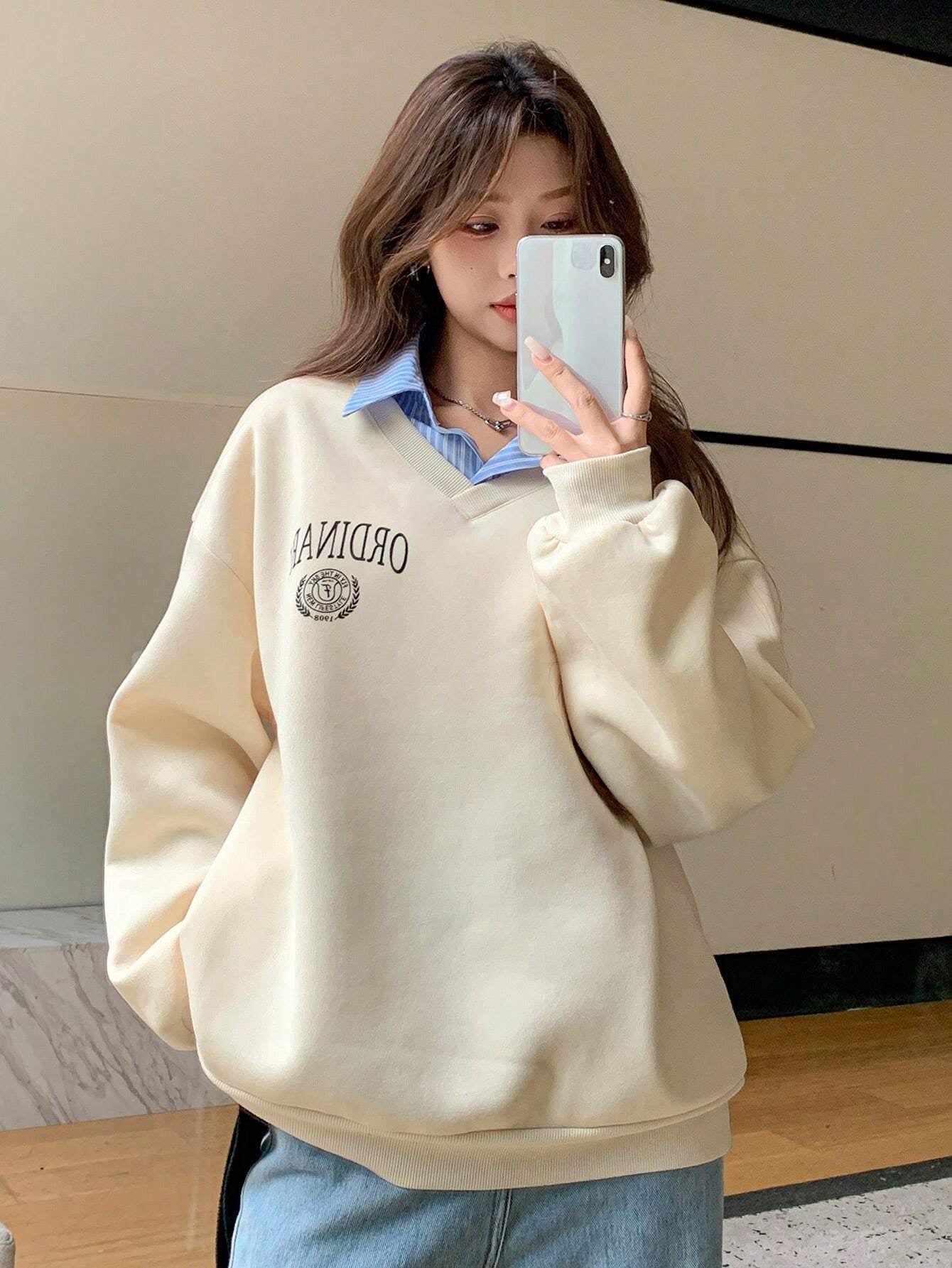 Letter & Stripe Print Patchwork Thermal Lined Sweatshirt