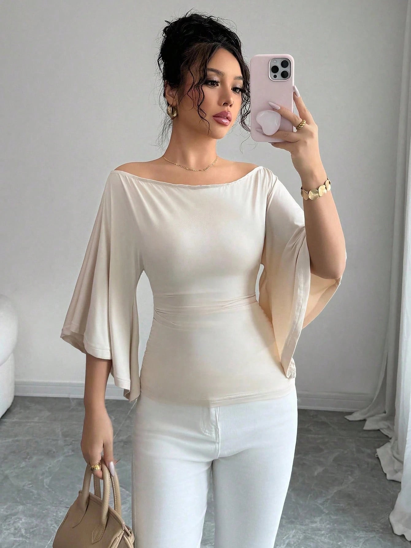 Solid Color Boat Neck Flare Sleeve Knit Fashion T-Shirt