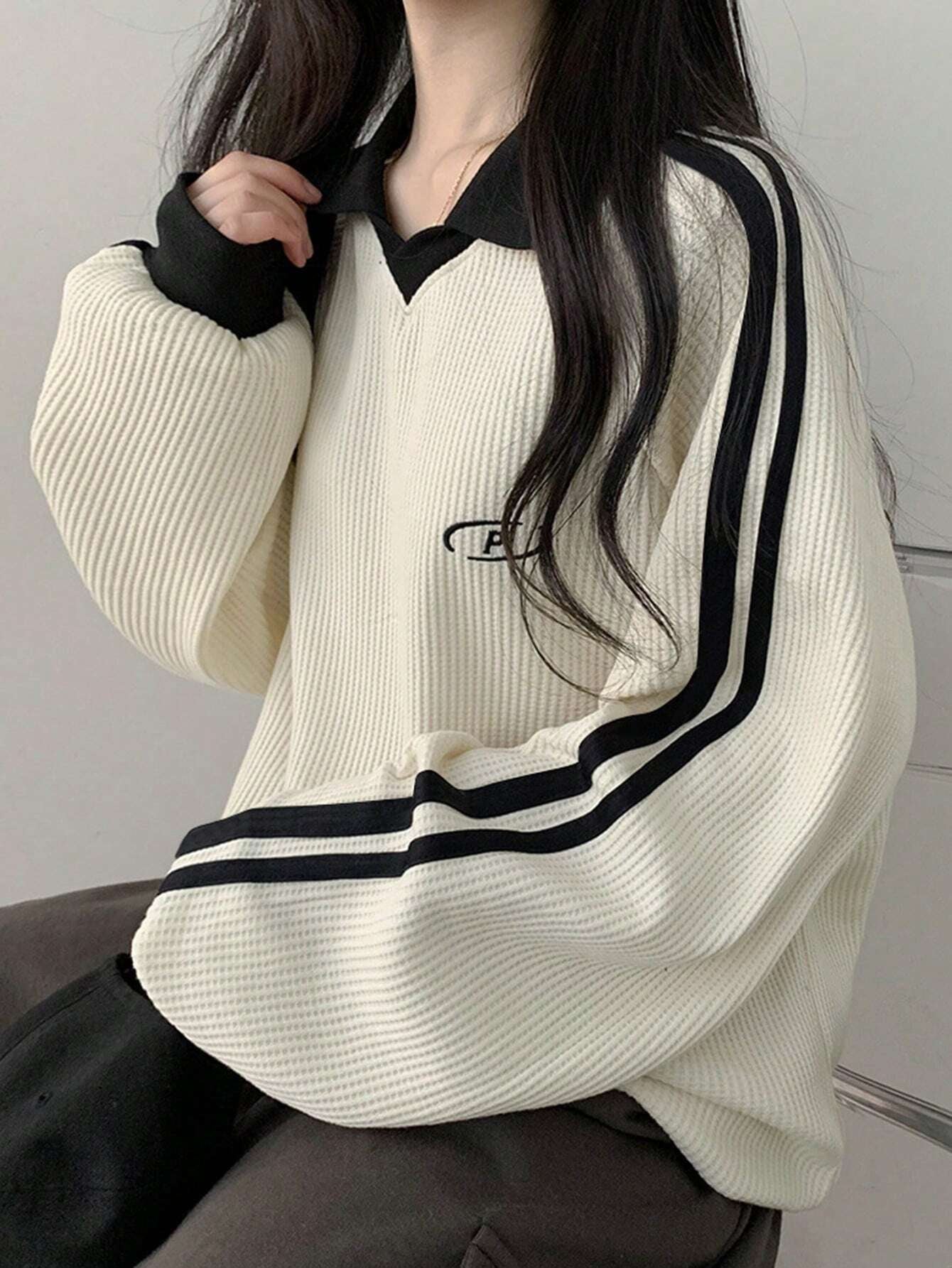 Contrast Color Block Striped Long Sleeve Casual Letter Print Sweatshirt, Collegiate Style, Long Sleeve Tops