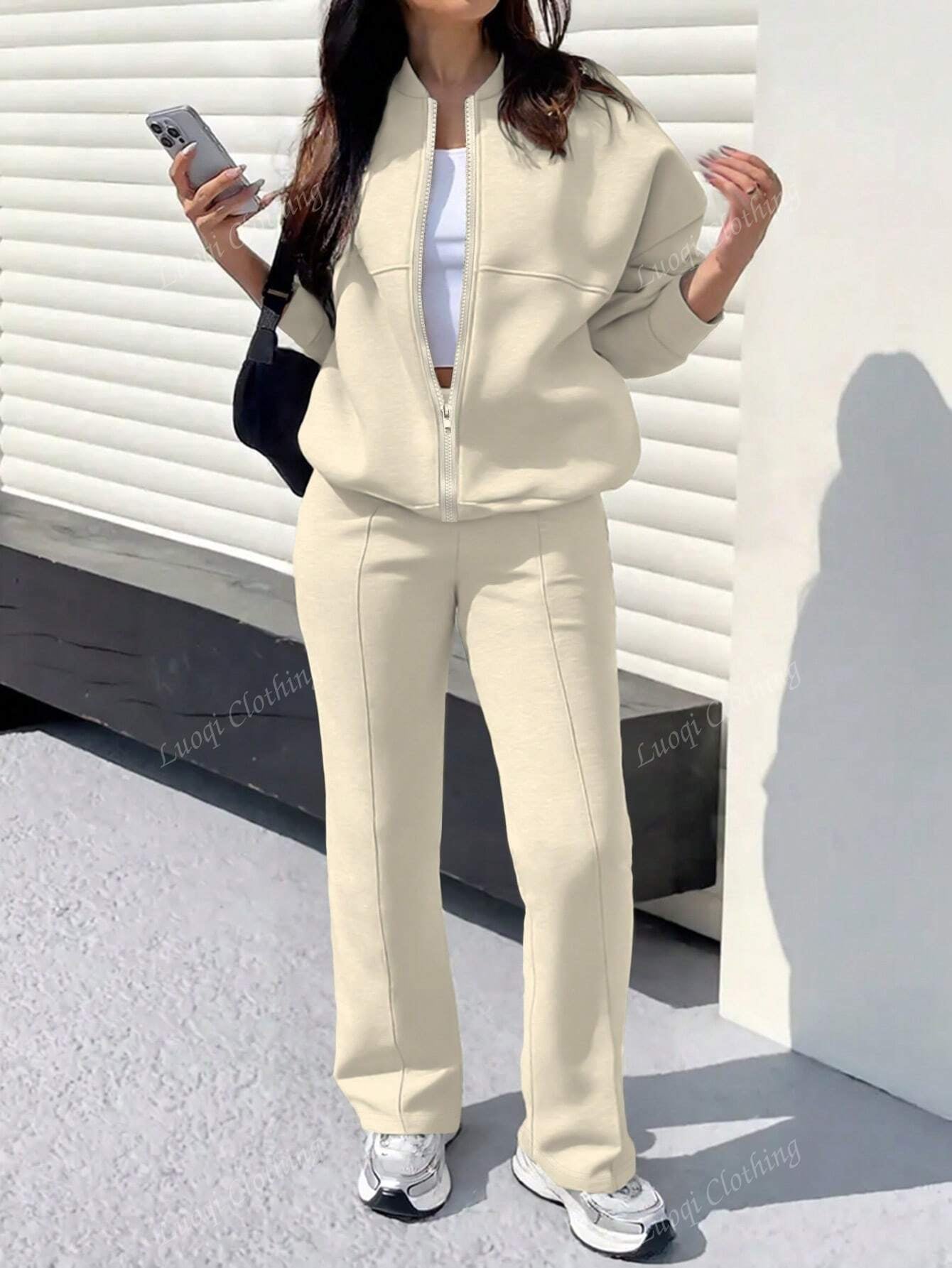 Solid Color Minimalist Hoodie Jacket Top And Straight Leg Pants, Fashion Outfit