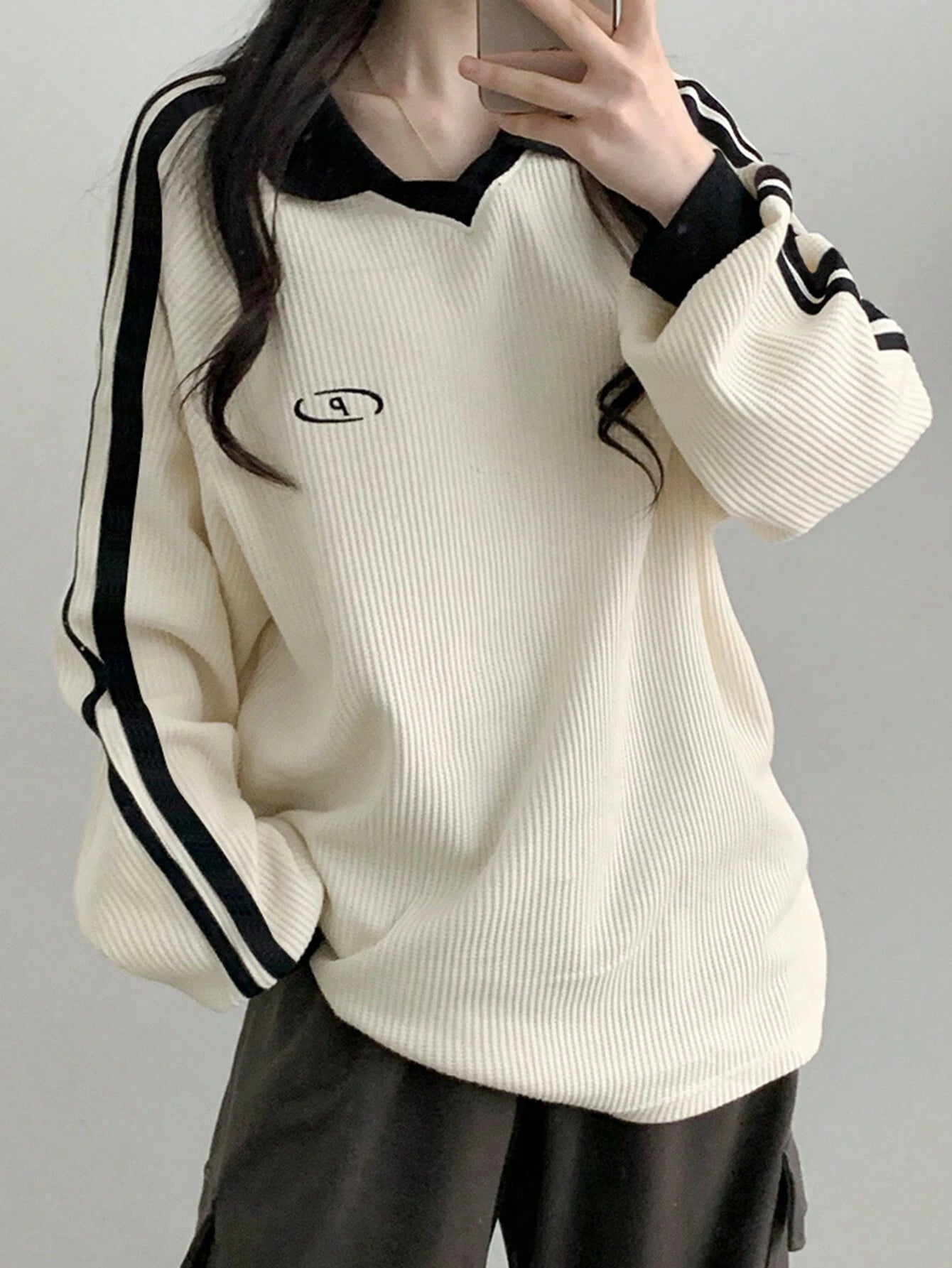 Contrast Color Block Striped Long Sleeve Casual Letter Print Sweatshirt, Collegiate Style, Long Sleeve Tops