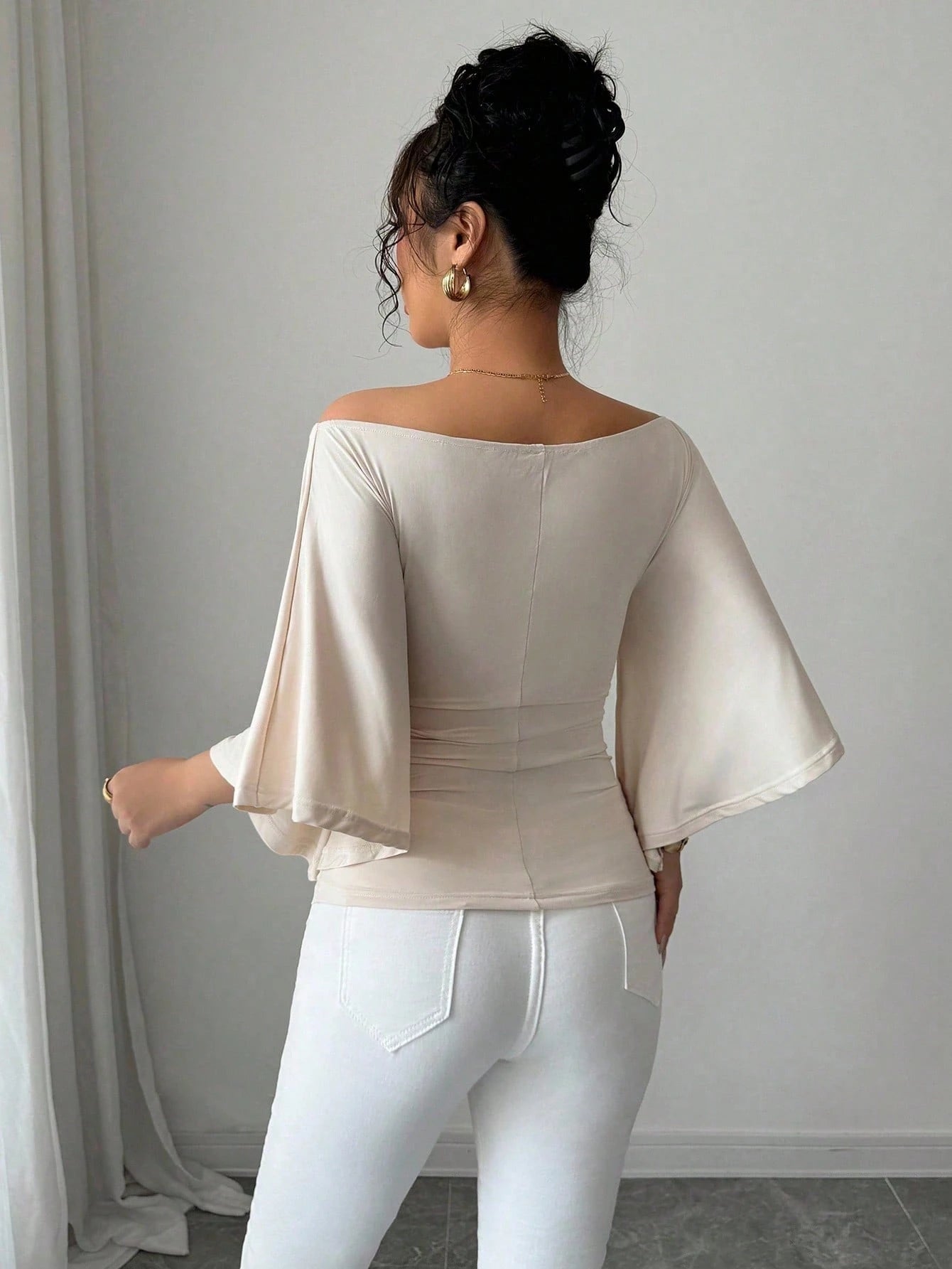 Solid Color Boat Neck Flare Sleeve Knit Fashion T-Shirt