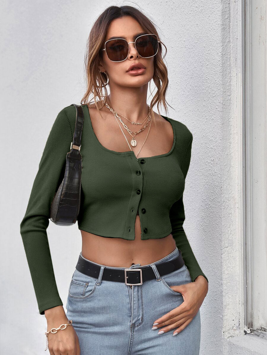 Neck Button Placket Rib-knit Tee