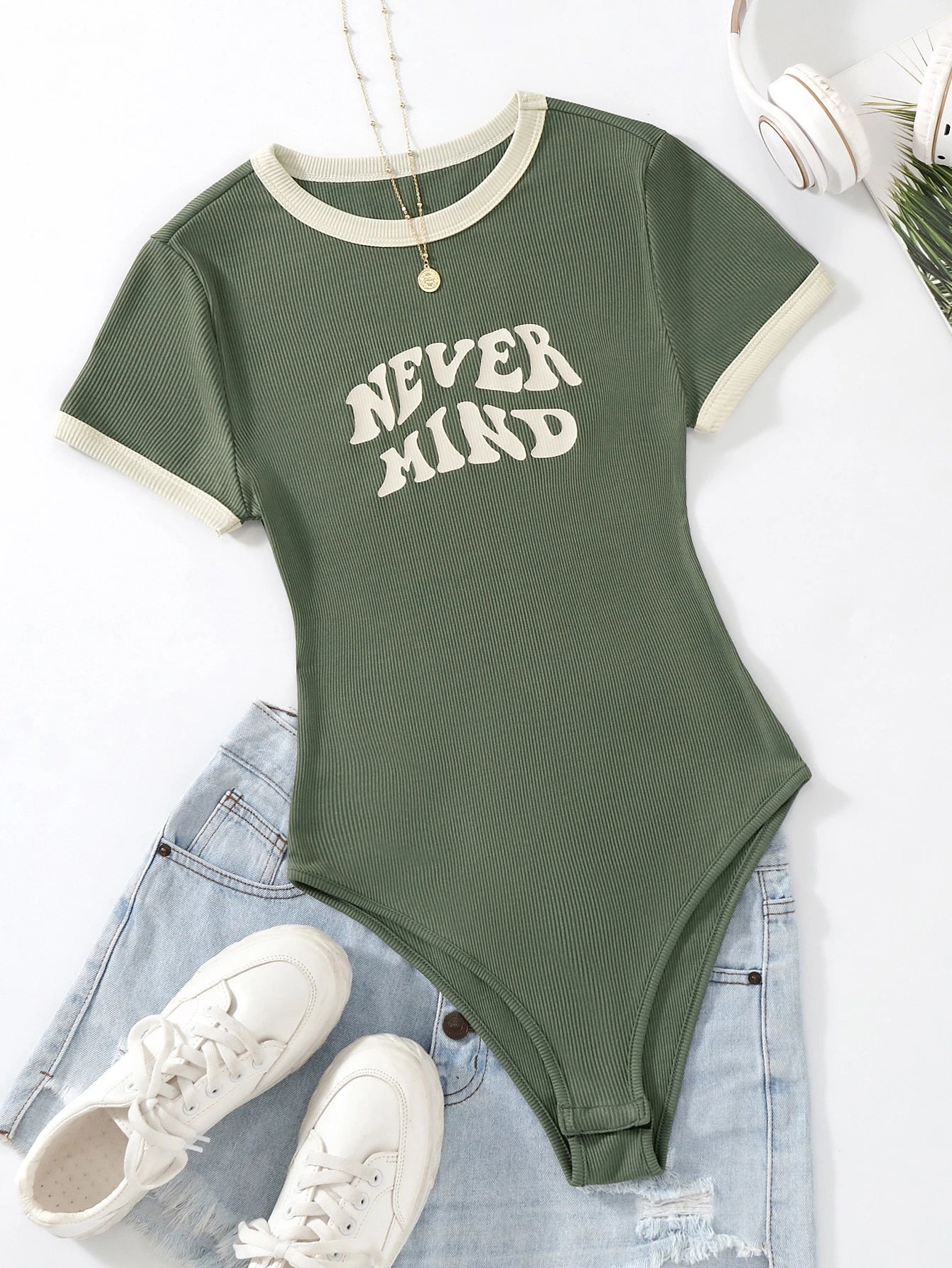 Slogan Graphic Contrast Binding Bodysuit