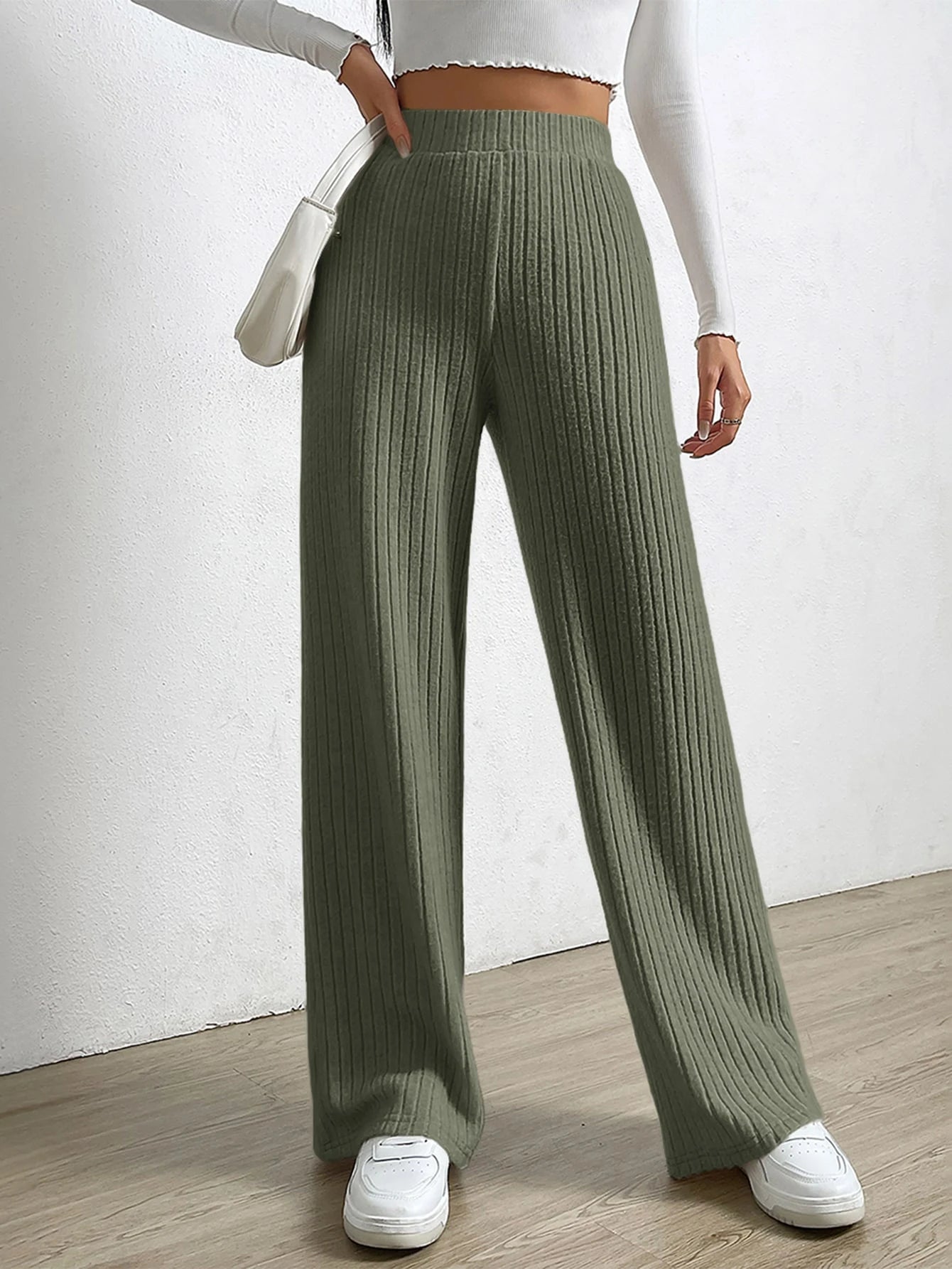 Solid Color High Waist Ribbed Straight Loose Casual Pants