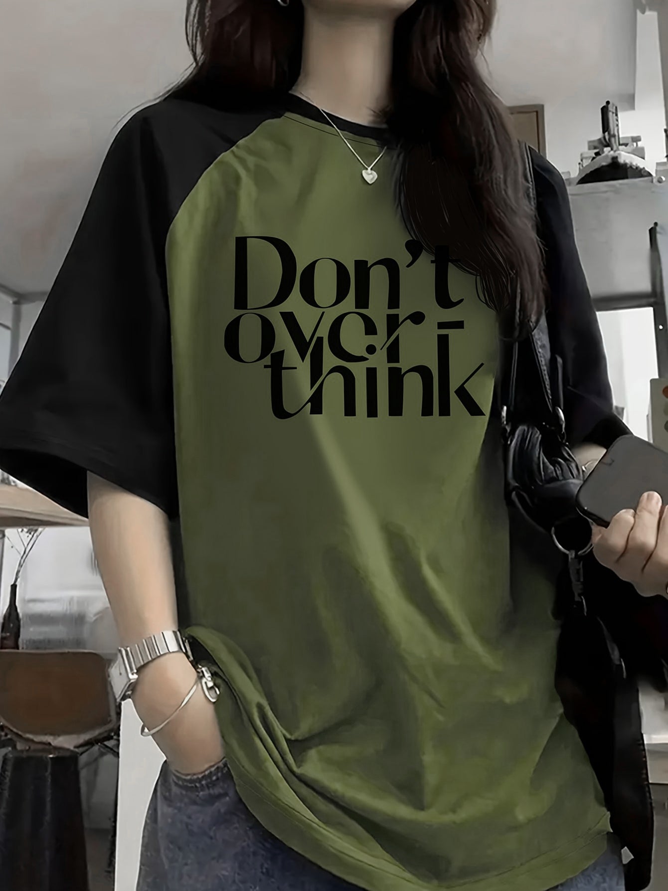 Color Block Graphic Tee - DON'T OVER for THINK IT Print, Casual Short Sleeve Crew Neck T-Shirt