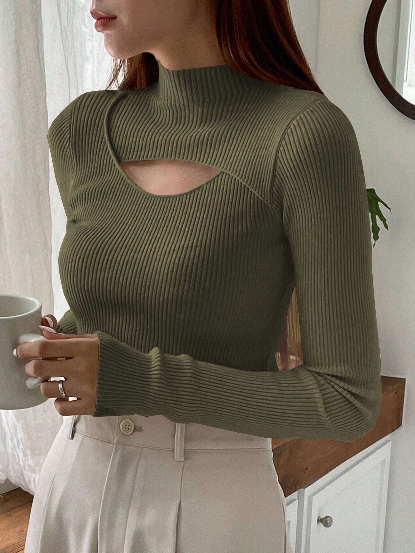 Stand Collar Long Sleeve Hollow Pullover Tops