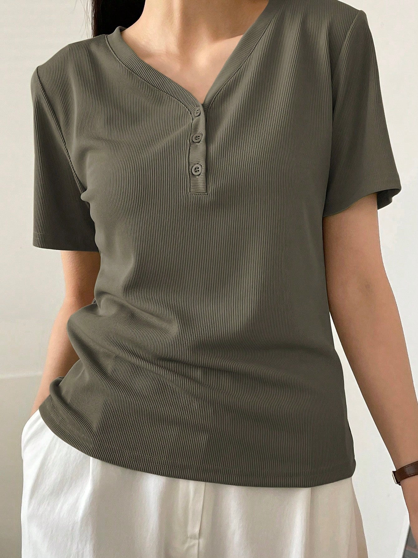 Less Solid Rib Knit Button Front Tee Old Money Style