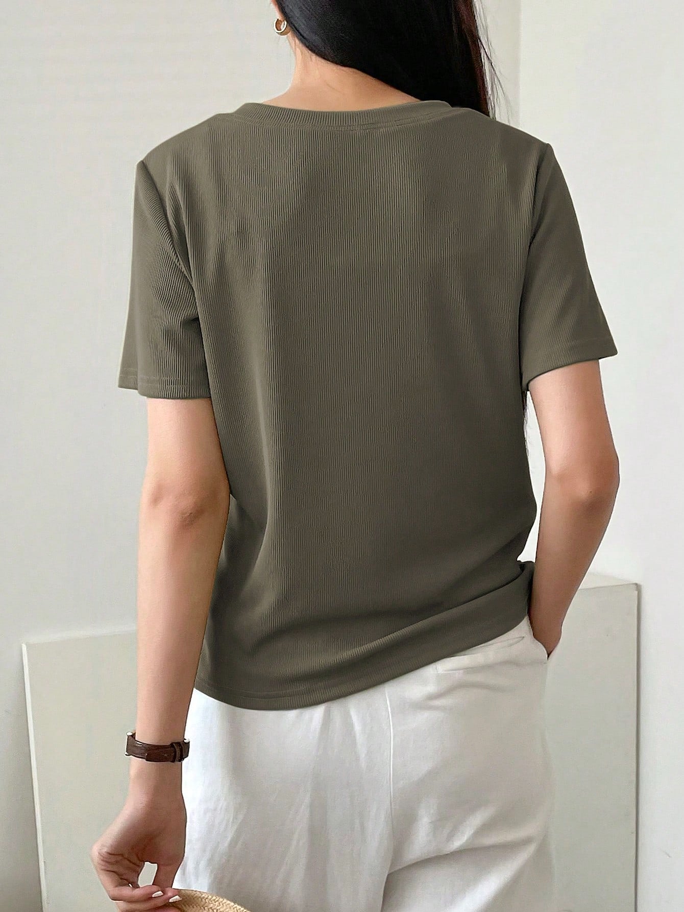 Less Solid Rib Knit Button Front Tee Old Money Style