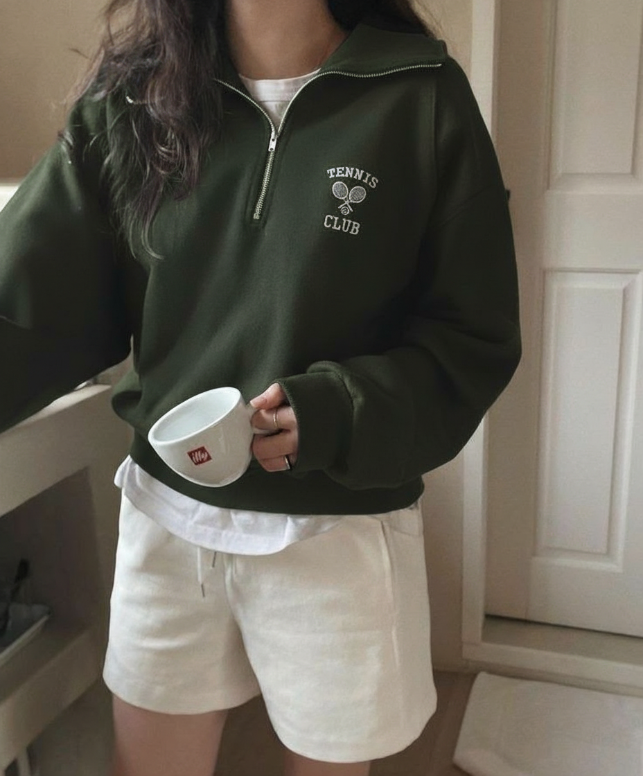 Half Zip Drop Shoulder "TENNIS CLUB" Letter Print Oversized Sweatshirt, Long Sleeve