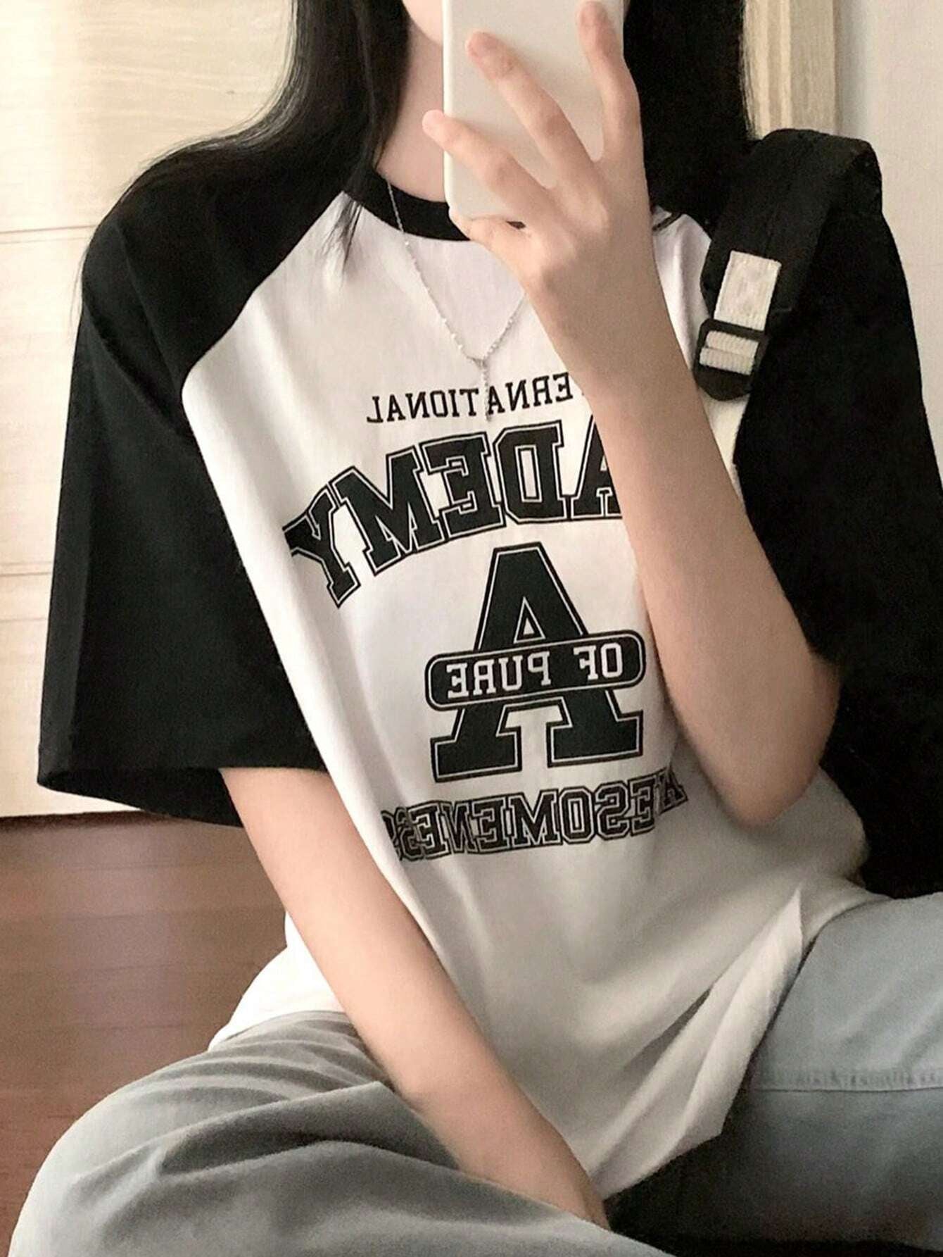 Letter Printed Round Neck Color Block Oversized Short Sleeve T-Shirt