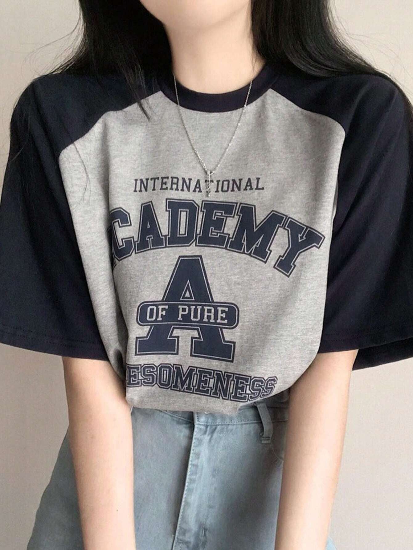 Letter Printed Round Neck Color Block Oversized Short Sleeve T-Shirt