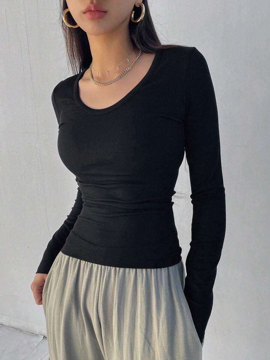 Solid Color Ribbed Slim Fit Long Sleeve T-Shirt
