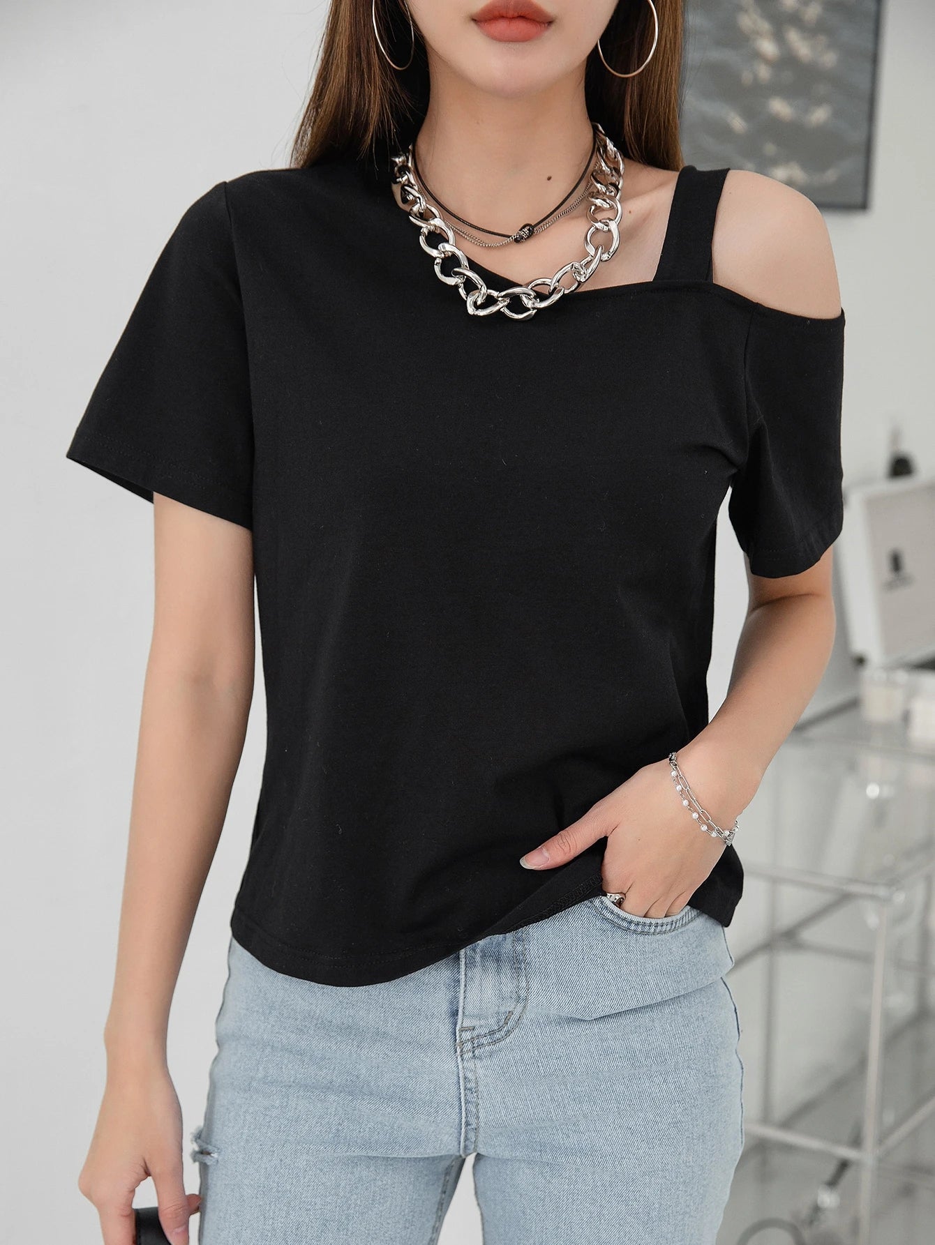 Solid Asymmetrical Neck Tee
