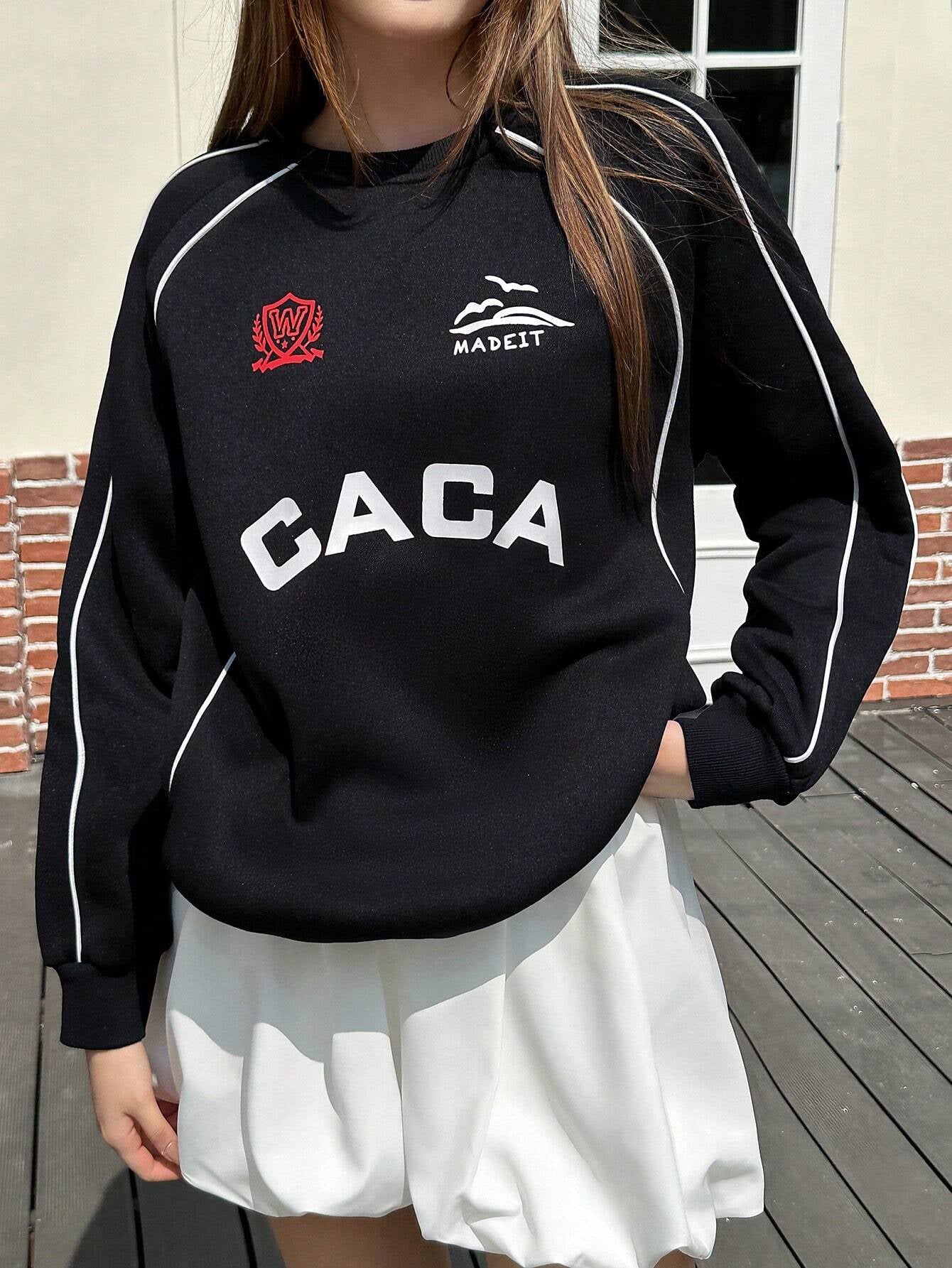 New American Style Streetwear Soccer Pullover Sweatshirt With Striped Design & Letter Print, Loose Fit, Casual Chic
