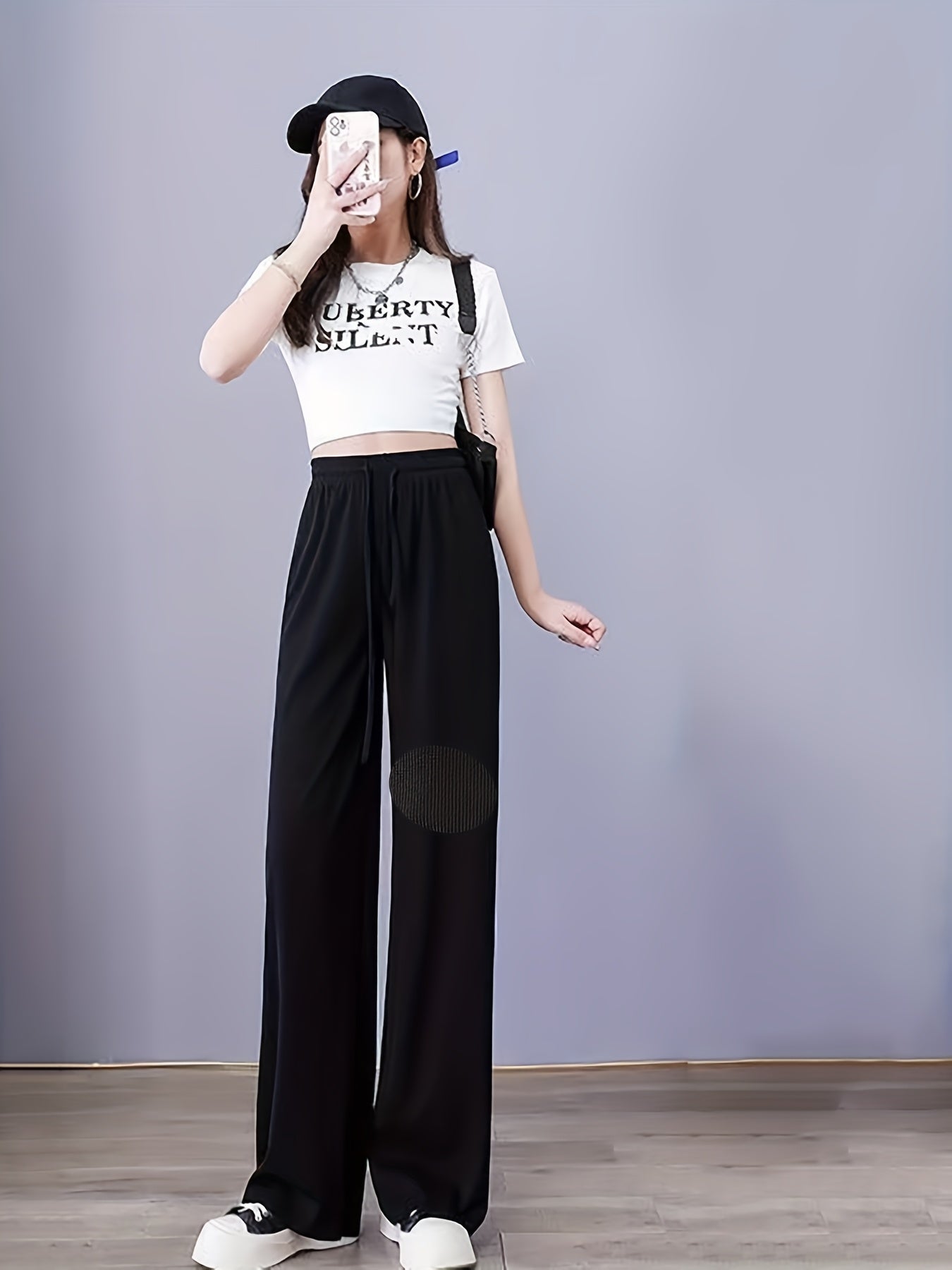 High-Waisted Wide-Leg Pants Straight Leg with Drawstring Waist
