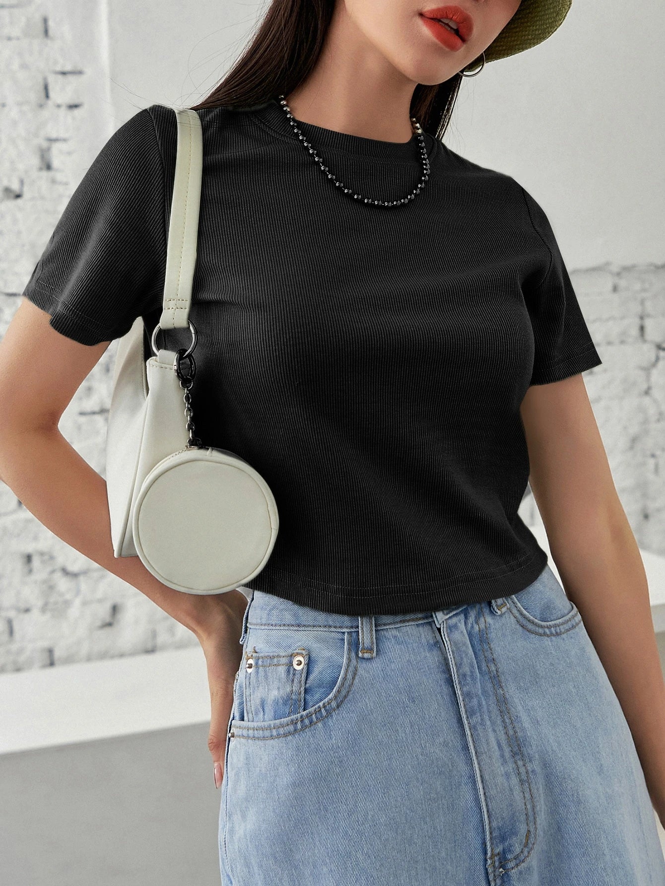 Solid Rib-knit Crop Tee