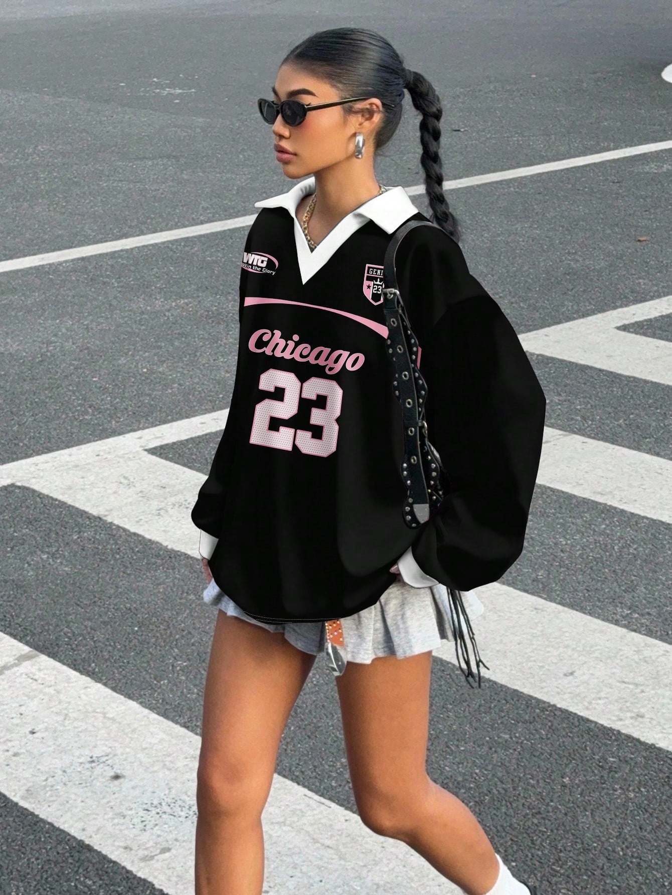 Casual Contrast Color Polo Collar Long Sleeve Loose T-Shirt