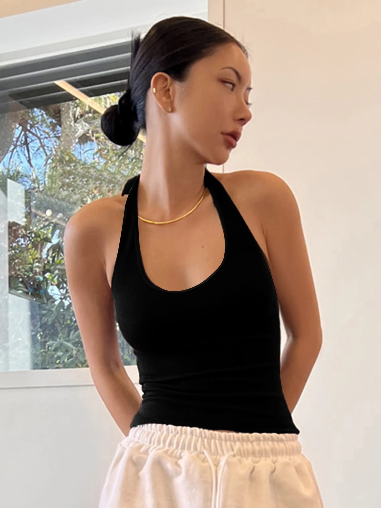 Solid Color Round Neck Halter Slim Fit Summer Top Tank Tops
