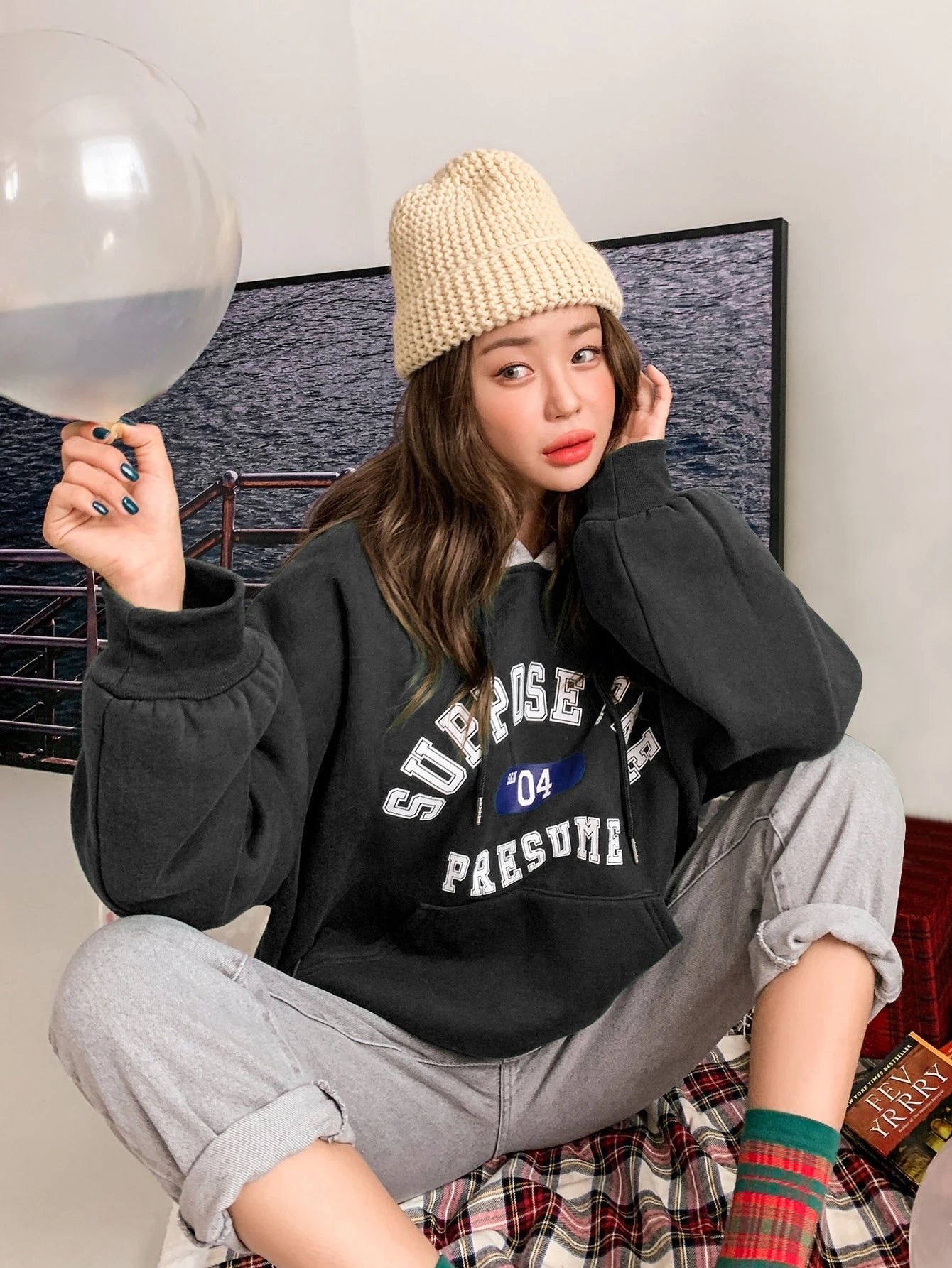 Letter Graphic Big Pocket Drawstring Thermal Hoodie