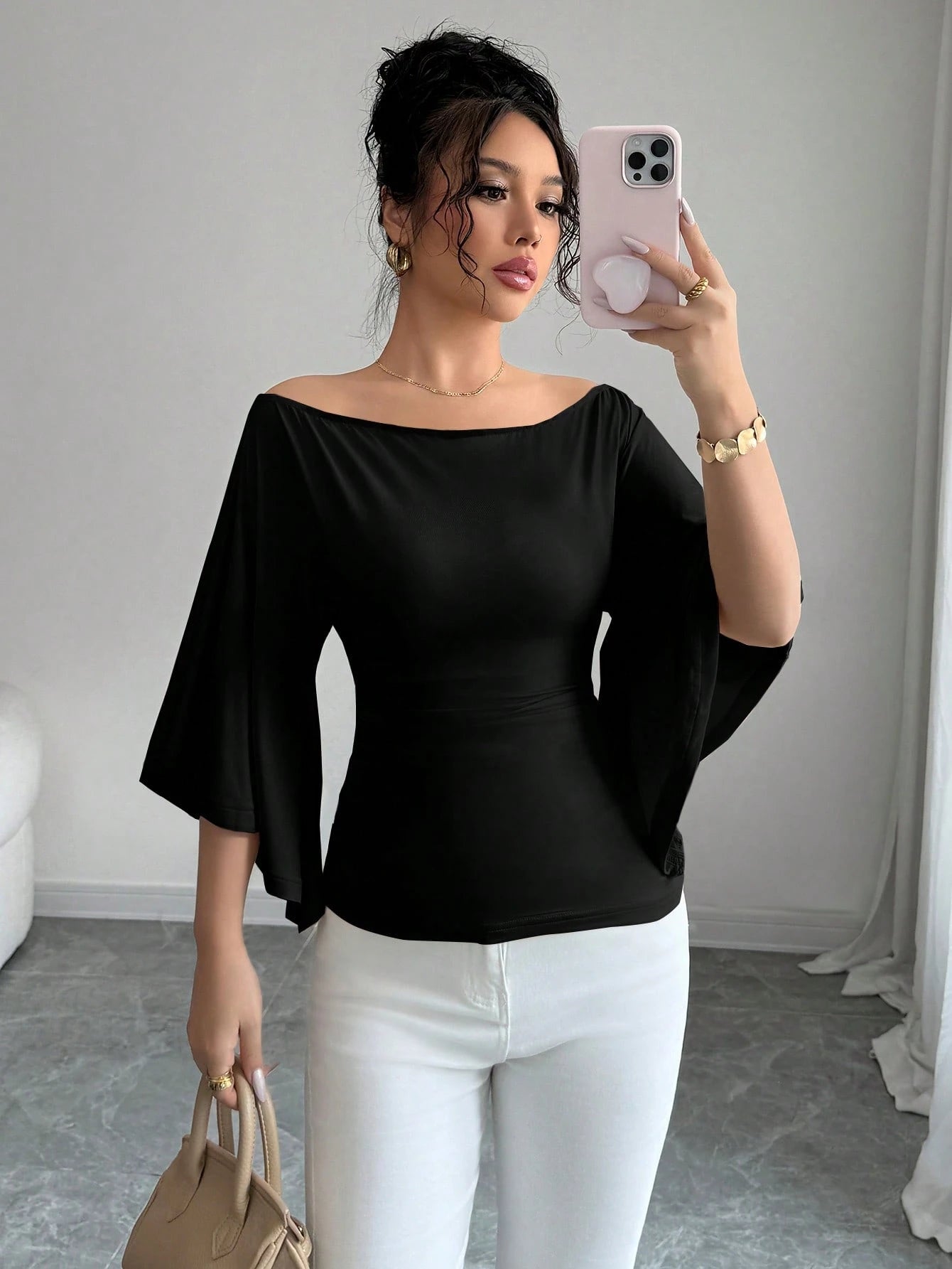 Solid Color Boat Neck Flare Sleeve Knit Fashion T-Shirt