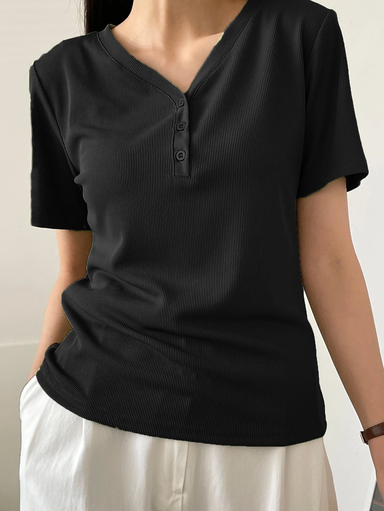 Less Solid Rib Knit Button Front Tee Old Money Style