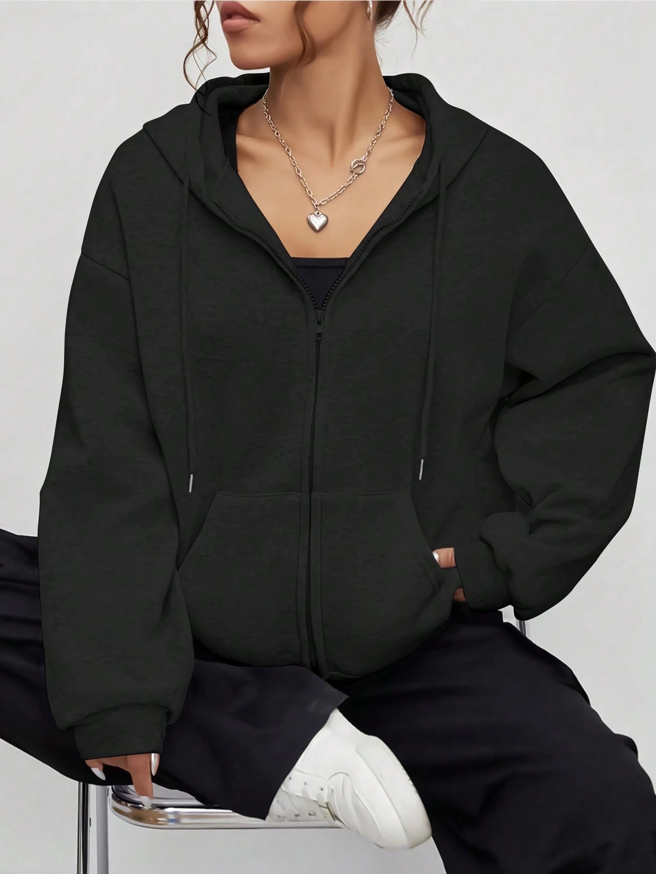 Casual Loose Open-Front Hoodie Sweatshirt with Drop Shoulders, Drawstring, Pockets, and Zip-Up Design